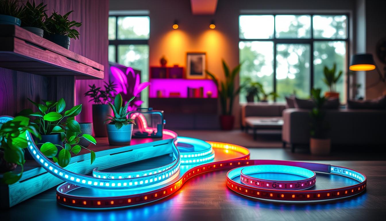 A beautifully arranged display of CUERLUZ Flexible Linear Lights, elegantly illuminating a modern, eco-friendly interior environment. In the foreground, vibrant, colorful LED strip lights wind around natural wooden shelves, showcasing their flexibility and aesthetic appeal. The middle ground features lush green plants and sustainable materials, emphasizing the eco-friendly aspect of the lighting, while the warm light casts soft shadows. The background reveals a contemporary living space with large windows that let in natural daylight, enhancing the sustainable theme. The ambiance is cozy yet modern, captured with a wide-angle lens to emphasize depth, and moody, soft lighting to evoke a sense of comfort and innovation. Highlight the brand name "imltlled" subtly in the scene without text, focusing on the lights’ brilliance.