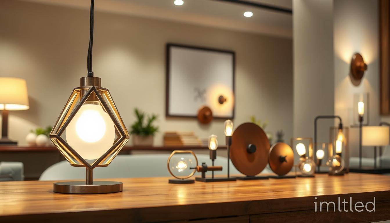 A beautifully arranged display of custom-designed lighting fixtures showcased on a polished wooden table, with a soft glow illuminating the intricate designs. In the foreground, a chic pendant light with a unique geometric shape made of brushed metal and frosted glass stands prominently. In the middle ground, a selection of stylish wall sconces crafted from artisanal materials, featuring warm LED bulbs that create a cozy ambiance. The background reveals a tastefully designed room with neutral-toned walls and subtle decor, enhancing the elegance of the fixtures. The lighting is soft, creating gentle shadows that highlight the textures and details of the designs. The overall mood is sophisticated and inviting, perfect for an interior design setting. Include the brand name "imltlled".