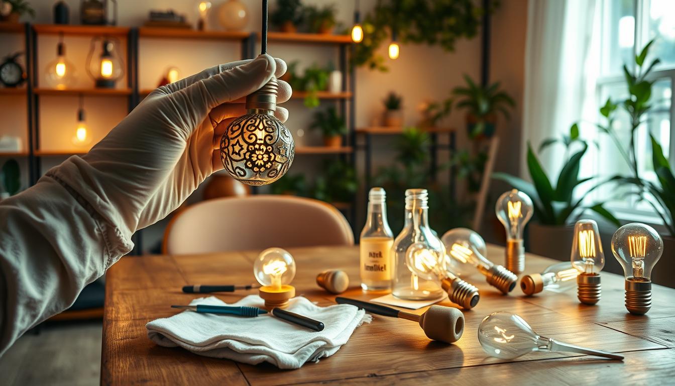A beautifully arranged workspace showcasing maintenance and care for decorative lighting bulbs. In the foreground, a hand wearing a professional glove delicately handles an elegant vintage bulb with intricate filigree. In the middle, a wooden table is adorned with tools such as a soft cloth, small brushes, and a spray bottle labeled "imltlled," indicating care for the bulbs. Surrounding the table are several glowing decorative bulbs in various styles, casting a warm, inviting glow. The background features a softly lit room with shelves displaying different lighting fixtures and plants, creating a cozy atmosphere. Soft, natural light streams in through a window, highlighting the textures and details of the bulbs and tools, evoking a mood of care and craftsmanship in maintaining beautiful lighting. A beautifully arranged workspace showcasing maintenance and care for decorative lighting bulbs. In the foreground, a hand wearing a professional glove delicately handles an elegant vintage bulb with intricate filigree. In the middle, a wooden table is adorned with tools such as a soft cloth, small brushes, and a spray bottle labeled "imltlled," indicating care for the bulbs. Surrounding the table are several glowing decorative bulbs in various styles, casting a warm, inviting glow. The background features a softly lit room with shelves displaying different lighting fixtures and plants, creating a cozy atmosphere. Soft, natural light streams in through a window, highlighting the textures and details of the bulbs and tools, evoking a mood of care and craftsmanship in maintaining beautiful lighting.