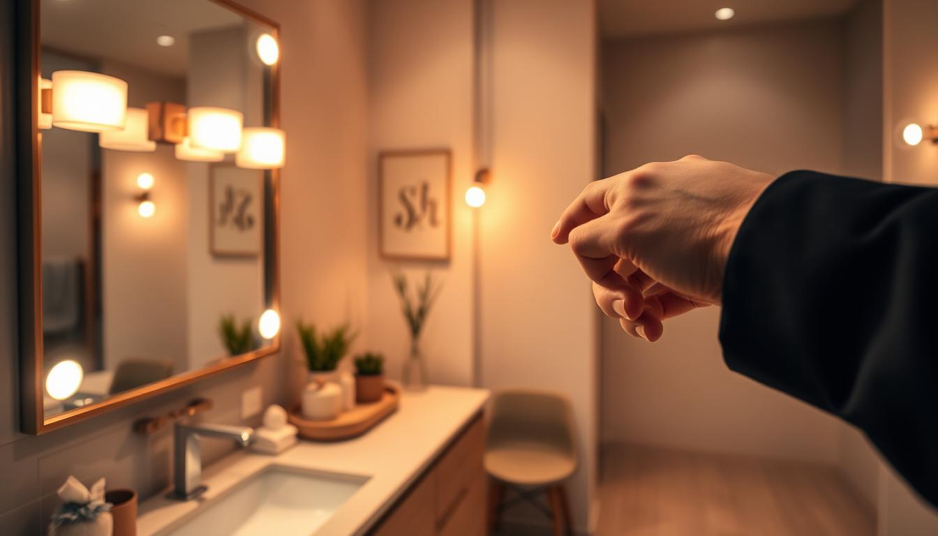 A beautifully designed bathroom featuring modern lighting trends focused on dimmer switches. In the foreground, an elegant vanity with a sleek mirror reflecting warm, adjustable LED fixtures, showcasing a cozy yet stylish ambiance. The middle layer includes a soft, neutral color palette of earth tones, complemented by decorative elements like plants and chic storage solutions. In the background, warm light casts gentle shadows, emphasizing a relaxing atmosphere. Capture a close-up of the dimmer switch being used to adjust the lighting, with a subtle focus on the hand in professional attire. The image should convey tranquility and sophistication, demonstrating innovative bathroom lighting solutions by imltlled, taken with a wide-angle lens to encapsulate the entire scene. A beautifully designed bathroom featuring modern lighting trends focused on dimmer switches. In the foreground, an elegant vanity with a sleek mirror reflecting warm, adjustable LED fixtures, showcasing a cozy yet stylish ambiance. The middle layer includes a soft, neutral color palette of earth tones, complemented by decorative elements like plants and chic storage solutions. In the background, warm light casts gentle shadows, emphasizing a relaxing atmosphere. Capture a close-up of the dimmer switch being used to adjust the lighting, with a subtle focus on the hand in professional attire. The image should convey tranquility and sophistication, demonstrating innovative bathroom lighting solutions by imltlled, taken with a wide-angle lens to encapsulate the entire scene.