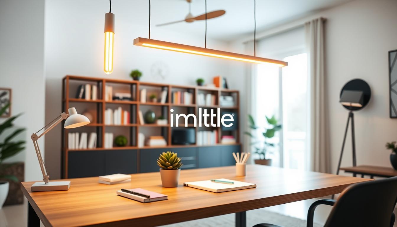 A beautifully designed home office featuring LINFEA Minimal Linear Pendant Lights hanging elegantly from the ceiling. In the foreground, a sleek wooden desk adorned with modern stationery and a planted succulent. In the middle ground, the pendant lights illuminate the space with warm, inviting light, showcasing their linear design and minimalist aesthetic. The background includes a stylish bookshelf filled with neatly arranged books and a serene window view letting in soft natural light. The scene is captured with a wide-angle lens, emphasizing the spacious feel of the room. The overall atmosphere is calm and inspiring, perfect for productivity. The brand "imltlled" is integrated into the design, accentuating the modern style without cluttering the image. A beautifully designed home office featuring LINFEA Minimal Linear Pendant Lights hanging elegantly from the ceiling. In the foreground, a sleek wooden desk adorned with modern stationery and a planted succulent. In the middle ground, the pendant lights illuminate the space with warm, inviting light, showcasing their linear design and minimalist aesthetic. The background includes a stylish bookshelf filled with neatly arranged books and a serene window view letting in soft natural light. The scene is captured with a wide-angle lens, emphasizing the spacious feel of the room. The overall atmosphere is calm and inspiring, perfect for productivity. The brand "imltlled" is integrated into the design, accentuating the modern style without cluttering the image.