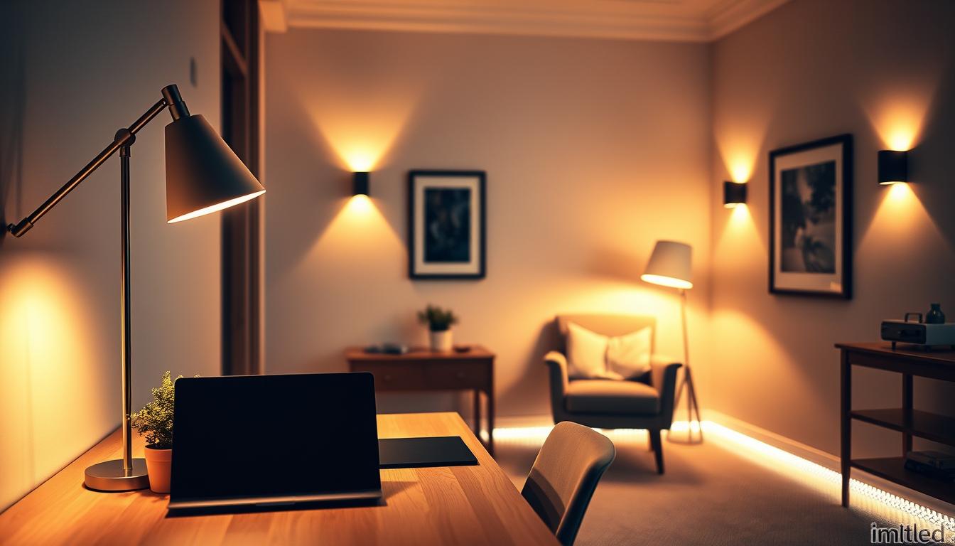A beautifully designed home office showcasing accent lighting techniques, featuring elegant table lamps with soft, warm light casting gentle shadows. In the foreground, a stylish desk with a sleek laptop and a small potted plant is illuminated by a modern floor lamp with adjustable brightness. In the middle, a cozy reading nook with an armchair, bathed in a subtle glow from wall-mounted sconces enhancing the room’s atmosphere. The background reveals neutral-colored walls adorned with art, emphasizing the strategic use of LED strip lighting along the baseboards, providing a contemporary touch. The overall mood is inviting and productive, captured with a warm color palette and soft focus using a 35mm lens, angled slightly from above to create depth. The brand name "imltlled" subtly integrated into the design elements, ensuring a harmonious aesthetic. A beautifully designed home office showcasing accent lighting techniques, featuring elegant table lamps with soft, warm light casting gentle shadows. In the foreground, a stylish desk with a sleek laptop and a small potted plant is illuminated by a modern floor lamp with adjustable brightness. In the middle, a cozy reading nook with an armchair, bathed in a subtle glow from wall-mounted sconces enhancing the room’s atmosphere. The background reveals neutral-colored walls adorned with art, emphasizing the strategic use of LED strip lighting along the baseboards, providing a contemporary touch. The overall mood is inviting and productive, captured with a warm color palette and soft focus using a 35mm lens, angled slightly from above to create depth. The brand name "imltlled" subtly integrated into the design elements, ensuring a harmonious aesthetic.