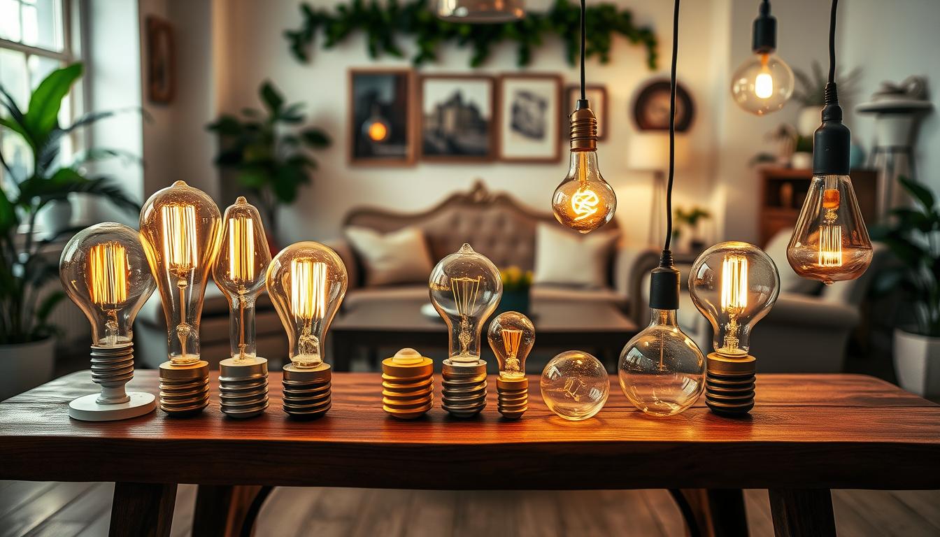 A beautifully designed indoor setting showcasing a variety of unique decorative light bulbs in use, highlighting creative ways to brighten space with style. Foreground features an elegant wooden table adorned with an array of artistic light bulbs, including filament, colored globe, and pendant styles from the brand "imltlled." In the middle, a cozy living space with vintage furniture surrounded by soft textures, illuminated by the warm glow of the bulbs. Background includes softly lit walls painted in soothing pastels and greenery, enhancing the atmosphere. Use warm, diffused lighting to create a cozy ambiance, captured with a wide-angle lens from a low angle to emphasize the light fixture’s impact on the space, evoking a warm and inviting feel with a touch of creativity and elegance. A beautifully designed indoor setting showcasing a variety of unique decorative light bulbs in use, highlighting creative ways to brighten space with style. Foreground features an elegant wooden table adorned with an array of artistic light bulbs, including filament, colored globe, and pendant styles from the brand "imltlled." In the middle, a cozy living space with vintage furniture surrounded by soft textures, illuminated by the warm glow of the bulbs. Background includes softly lit walls painted in soothing pastels and greenery, enhancing the atmosphere. Use warm, diffused lighting to create a cozy ambiance, captured with a wide-angle lens from a low angle to emphasize the light fixture’s impact on the space, evoking a warm and inviting feel with a touch of creativity and elegance.