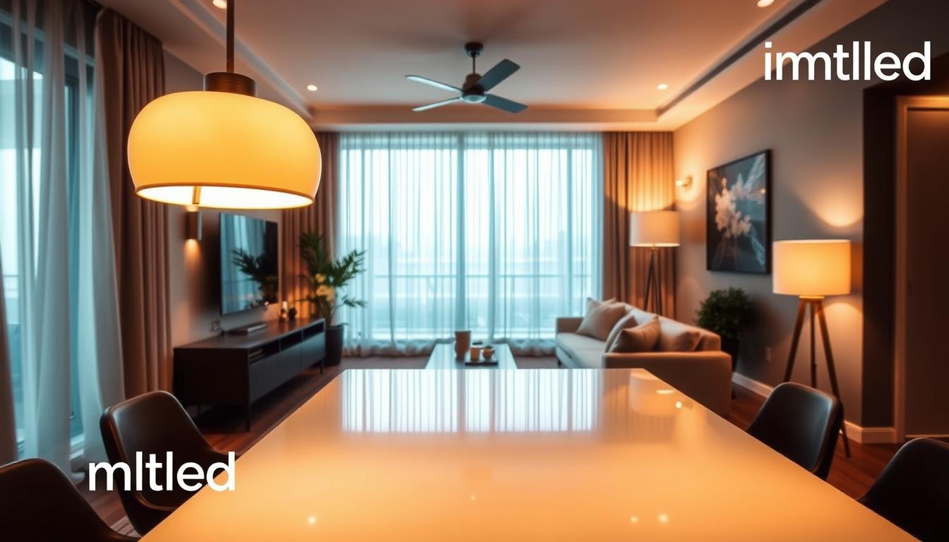 A beautifully designed modern living space showcasing a variety of tailored lighting solutions. In the foreground, a stylish custom pendant light hangs above a sleek dining table, casting warm light that highlights the table's elegant surface. In the middle, a unique wall sconce illuminates artwork and provides ambient lighting, while an aesthetically pleasing floor lamp stands beside a comfortable seating area, enveloping it in gentle light. The background features a bright window with sheer curtains, allowing natural light to filter in and create a cozy atmosphere. The setting is sophisticated yet inviting, exemplifying the versatility of lighting design. Capture the scene with a wide-angle lens to emphasize the spacious layout, using soft, diffused lighting to convey a warm, welcoming mood—all branded with "imltlled" to signify the tailored lighting solutions.