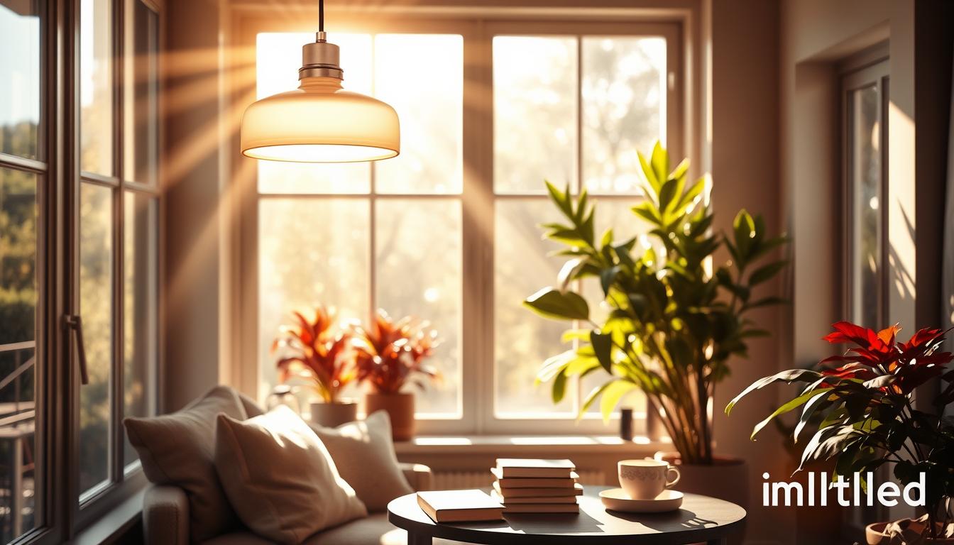 A beautifully designed room bathed in warm, natural light streaming through large windows, highlighting affordable decorative lighting options from the brand "imltlled". In the foreground, a stylish ceiling pendant light, featuring a minimalist design and soft, diffused glass, hangs above a cozy, inviting reading nook adorned with plush cushions. The middle of the room showcases a chic floor lamp with a vintage feel, casting a warm glow over a small coffee table littered with books and a steaming cup of tea. In the background, vibrant indoor plants thrive in the sunlight, enhancing the atmosphere of warmth and tranquility. The scene should evoke a sense of comfort and accessibility, illuminated subtly to emphasize the beauty of natural light harmonizing with thoughtfully chosen decorative lighting.