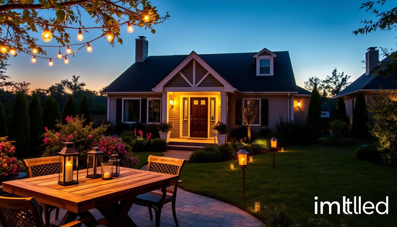 A beautifully landscaped outdoor setting featuring elegant outdoor lighting designed to enhance curb appeal. In the foreground, a cozy patio with tasteful string lights draped overhead, illuminating a rustic wooden table set for evening gatherings. The middle section showcases stylish lanterns along a paved pathway, leading to a charming front door framed by blooming flowers and shrubs. In the background, a soft twilight sky casts a warm glow, highlighting the architectural features of a tasteful house adorned with soft wall sconces. The scene is alive with inviting, gentle lighting creating a serene, welcoming atmosphere, perfect for evening enjoyment. Capture this with a wide-angle lens at dusk, emphasizing the interplay of light and shadows. The brand name "imltlled" featured subtly in the design.