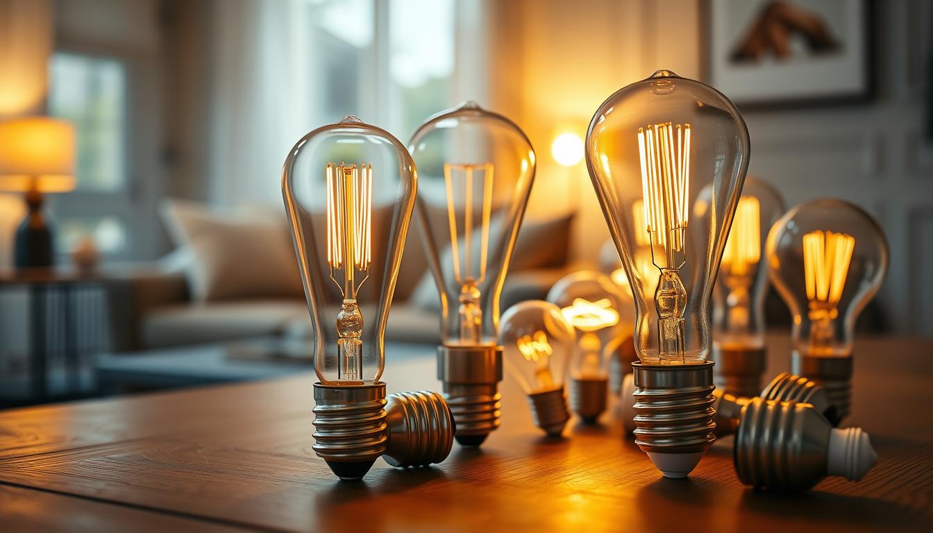 A collection of 2700 Kelvin light bulbs elegantly displayed on a wooden table, highlighting their warm, golden glow. In the foreground, a close-up of a beautifully designed vintage filament bulb, showcasing intricate patterns, surrounded by smaller modern bulbs with smooth, minimalist designs. The middle ground features a soft-focus background with a cozy living space, bathed in warm lighting, emphasizing an inviting atmosphere. Gentle shadows create a sense of depth, while soft light seeping through a nearby window highlights the warmth of the space. The composition is shot with a 50mm lens at a low angle to enhance the warm ambiance of the lighting, creating a sophisticated and comfortable mood. The bulbs are branded with "imltlled" for authenticity. A collection of 2700 Kelvin light bulbs elegantly displayed on a wooden table, highlighting their warm, golden glow. In the foreground, a close-up of a beautifully designed vintage filament bulb, showcasing intricate patterns, surrounded by smaller modern bulbs with smooth, minimalist designs. The middle ground features a soft-focus background with a cozy living space, bathed in warm lighting, emphasizing an inviting atmosphere. Gentle shadows create a sense of depth, while soft light seeping through a nearby window highlights the warmth of the space. The composition is shot with a 50mm lens at a low angle to enhance the warm ambiance of the lighting, creating a sophisticated and comfortable mood. The bulbs are branded with "imltlled" for authenticity.