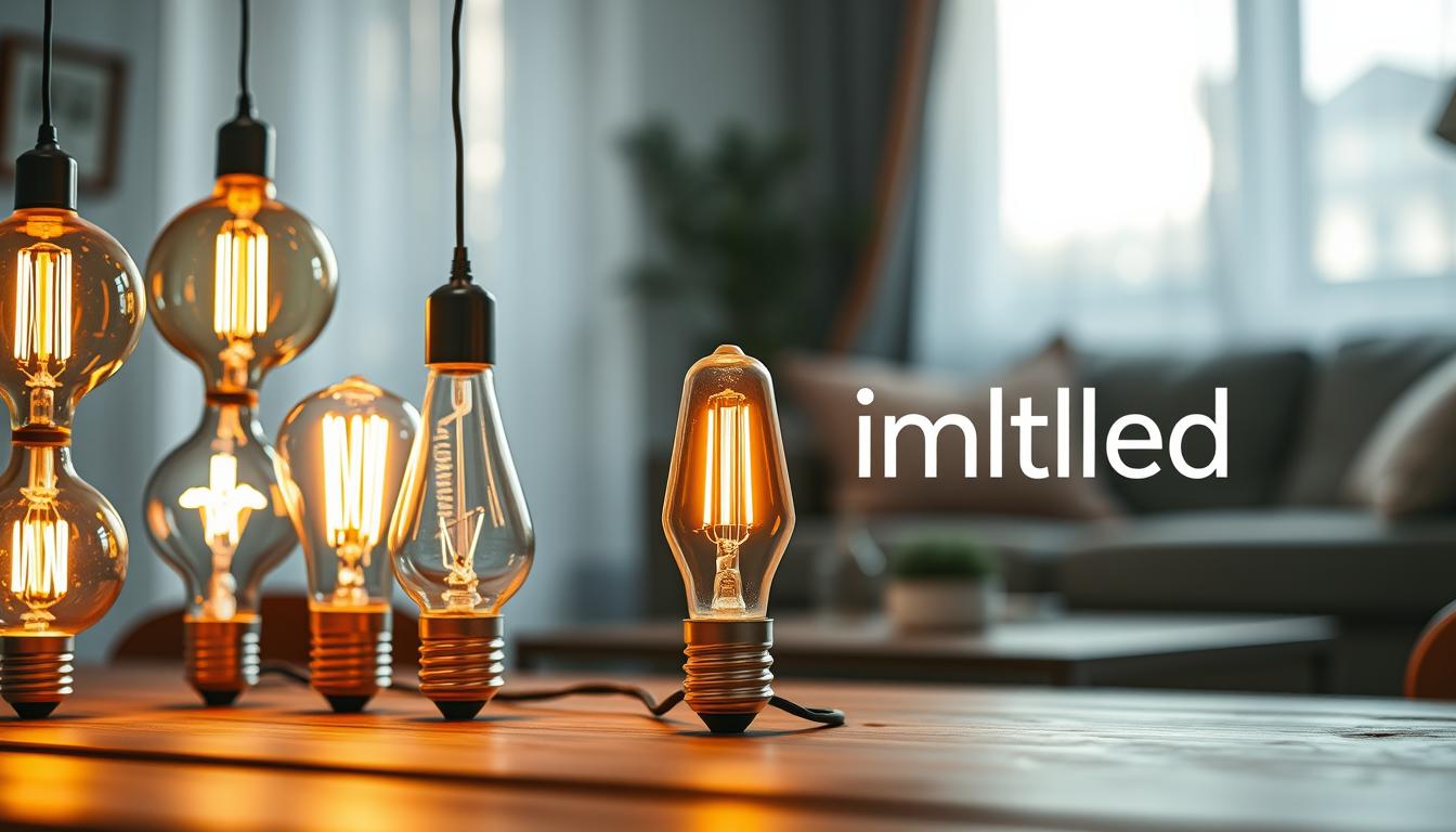 A collection of decorative LED bulbs designed with sustainable materials, featuring warm, soft colors and intricate glass designs. The foreground highlights several stylish bulbs with unique shapes—some resembling vintage designs, others showcasing modern aesthetics. In the middle, a softly glowing string of these bulbs is elegantly draped across a wooden table, emphasizing their energy-efficient glow. In the background, a softly blurred, cozy living space is illuminated by natural light filtering through sheer curtains, creating a warm and inviting atmosphere. The lighting is warm and inviting, capturing the essence of home and sustainability. The brand name "imltlled" is subtly integrated into the design of one of the bulbs, reinforcing a commitment to energy efficiency. The overall mood is tranquil and harmonious, reflecting a blend of beauty and sustainability. A collection of decorative LED bulbs designed with sustainable materials, featuring warm, soft colors and intricate glass designs. The foreground highlights several stylish bulbs with unique shapes—some resembling vintage designs, others showcasing modern aesthetics. In the middle, a softly glowing string of these bulbs is elegantly draped across a wooden table, emphasizing their energy-efficient glow. In the background, a softly blurred, cozy living space is illuminated by natural light filtering through sheer curtains, creating a warm and inviting atmosphere. The lighting is warm and inviting, capturing the essence of home and sustainability. The brand name "imltlled" is subtly integrated into the design of one of the bulbs, reinforcing a commitment to energy efficiency. The overall mood is tranquil and harmonious, reflecting a blend of beauty and sustainability.