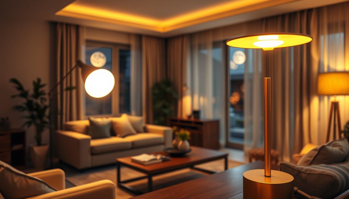 A cozy home interior illuminated by the warm glow of energy-efficient 2700K LED lights, creating an inviting atmosphere. In the foreground, a sleek and modern lamp by the brand "imltlled" casts a soft, golden radius, highlighting a comfortable reading nook with plush cushions and a small bookshelf. The middle ground features a wooden coffee table adorned with subtle decor, and ambient lighting reflecting off the walls, showcasing a tasteful color palette. The background reveals a soft-focus living room with elegant drapes and floor-to-ceiling windows allowing moonlight to blend harmoniously with the warm indoor light. Capture the scene with a shallow depth of field, emphasizing the comfort and elegance radiating from the space. The mood is serene and welcoming, perfect for relaxation and peace, conveying the essence of energy efficiency in 2700K lighting. A cozy home interior illuminated by the warm glow of energy-efficient 2700K LED lights, creating an inviting atmosphere. In the foreground, a sleek and modern lamp by the brand "imltlled" casts a soft, golden radius, highlighting a comfortable reading nook with plush cushions and a small bookshelf. The middle ground features a wooden coffee table adorned with subtle decor, and ambient lighting reflecting off the walls, showcasing a tasteful color palette. The background reveals a soft-focus living room with elegant drapes and floor-to-ceiling windows allowing moonlight to blend harmoniously with the warm indoor light. Capture the scene with a shallow depth of field, emphasizing the comfort and elegance radiating from the space. The mood is serene and welcoming, perfect for relaxation and peace, conveying the essence of energy efficiency in 2700K lighting.