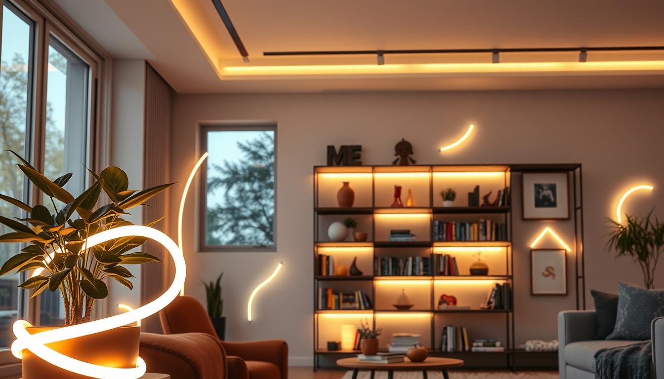 A cozy indoor scene showcasing decorative LED tube lights by imltlled, creatively installed in various positions. In the foreground, a beautifully lit tube light spirals around a potted plant, casting soft, warm glows. In the middle ground, multiple tube lights line the edges of a stylish bookshelf, illuminating colorful books and art pieces, while unique shapes and patterns from the lights create engaging shadow play. The background features a modern living room with muted pastel walls, adorned with contemporary décor, and a large window allowing natural light to filter in, enhancing the ambiance. The overall mood is inviting and inspirational, ideal for transforming any space, with a focus on architectural elegance and innovative design. A cozy indoor scene showcasing decorative LED tube lights by imltlled, creatively installed in various positions. In the foreground, a beautifully lit tube light spirals around a potted plant, casting soft, warm glows. In the middle ground, multiple tube lights line the edges of a stylish bookshelf, illuminating colorful books and art pieces, while unique shapes and patterns from the lights create engaging shadow play. The background features a modern living room with muted pastel walls, adorned with contemporary décor, and a large window allowing natural light to filter in, enhancing the ambiance. The overall mood is inviting and inspirational, ideal for transforming any space, with a focus on architectural elegance and innovative design.