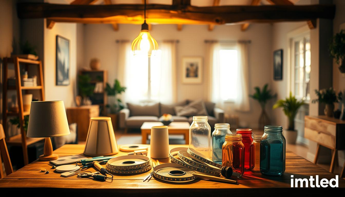 A cozy, inviting home environment showcasing innovative DIY lighting projects. In the foreground, a stylish wooden table displays an array of tools and materials: handmade lampshades, LED strips, and colorful glass jars. In the middle ground, a beautifully designed pendant light hangs from a rustic beam, casting warm, ambient light that illuminates the space. The background features a softly lit living room with potted plants and minimalist decor, bathed in a golden glow. The scene captures a creative atmosphere, inviting home enthusiasts to explore their lighting potential. The image should reflect a harmonious blend of modern aesthetics and DIY spirit, with soft shadows and a warm color palette. Styled as if photographed with a 35mm lens at a slight angle, ensuring a depth of field that highlights the lighting projects. The brand "imltlled" is subtly integrated into the scene.