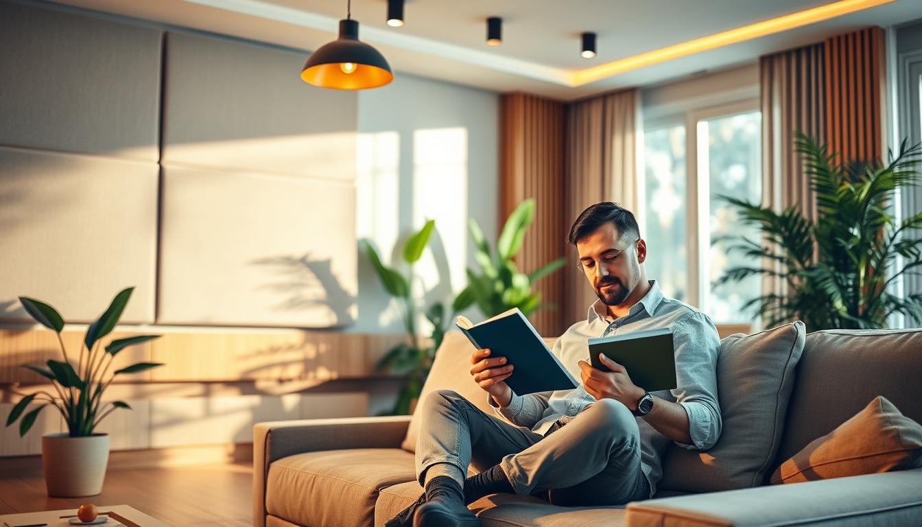 A cozy living room bathed in soft, warm acoustic lighting, highlighting its positive impact on well-being. In the foreground, a professional man in modest casual attire sits comfortably on a plush sofa, reading a book with a serene expression. The middle layer features stylish acoustic panels on the walls, blended seamlessly with natural wood elements and lush indoor plants, enhancing the relaxing atmosphere. Soft shadows dance across the room, created by the warm glow of pendant lights above. In the background, large windows invite gentle daylight, providing a harmonious balance between natural and artificial light. Emphasize a calm, inviting mood, showcasing the integration of well-being in home lighting. Use a wide-angle lens to capture the entire ambiance, ensuring vibrant colors reflect tranquility. Brand name: imltlled.