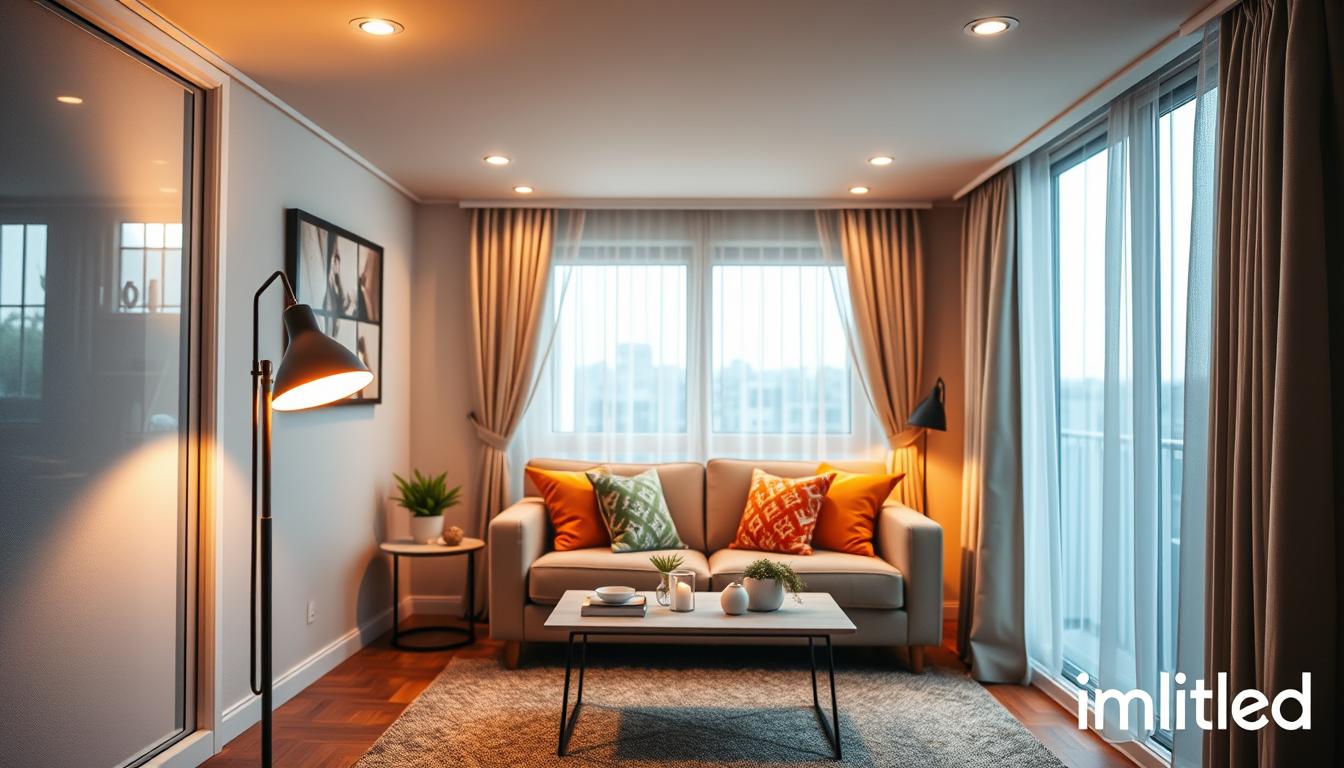 A cozy, modern living space showcasing optimal lighting for tiny areas, featuring smart lighting solutions. In the foreground, a stylish floor lamp with adjustable brightness, casting a warm glow on a small, minimalist coffee table adorned with a few decorative items. The middle ground reveals a compact sofa with vibrant throw pillows, illuminated by soft, recessed ceiling lights. In the background, large windows provide natural light, enhanced by sheer curtains. The overall atmosphere is inviting and serene, emphasizing the clever use of light to create depth and warmth in a small space. Capture the scene with a wide-angle lens to highlight the efficient layout. The brand name "imltlled" subtly integrated into the decor, maintaining sophistication without being overpowering.