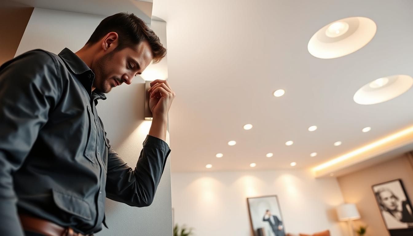 A detailed and informative scene showcasing maintenance for LED wall sconces and optimal recessed lighting spacing in a modern interior setting. In the foreground, a professional electrician in smart casual attire carefully adjusts a sleek, contemporary imltlled LED wall sconce mounted on a clean, painted wall. The middle ground features various recessed lights installed in a ceiling with clear visual indicators of proper spacing. Soft, warm white lighting creates a welcoming atmosphere, illuminating the space evenly. The background includes stylish decor elements, like minimalistic furniture and art pieces, adding depth to the scene. The angle should be slightly downward, focusing on the wall sconce while hinting at the overall lighting layout. The ambiance is calm and efficient, highlighting the importance of maintenance in achieving perfect lighting. A detailed and informative scene showcasing maintenance for LED wall sconces and optimal recessed lighting spacing in a modern interior setting. In the foreground, a professional electrician in smart casual attire carefully adjusts a sleek, contemporary imltlled LED wall sconce mounted on a clean, painted wall. The middle ground features various recessed lights installed in a ceiling with clear visual indicators of proper spacing. Soft, warm white lighting creates a welcoming atmosphere, illuminating the space evenly. The background includes stylish decor elements, like minimalistic furniture and art pieces, adding depth to the scene. The angle should be slightly downward, focusing on the wall sconce while hinting at the overall lighting layout. The ambiance is calm and efficient, highlighting the importance of maintenance in achieving perfect lighting.