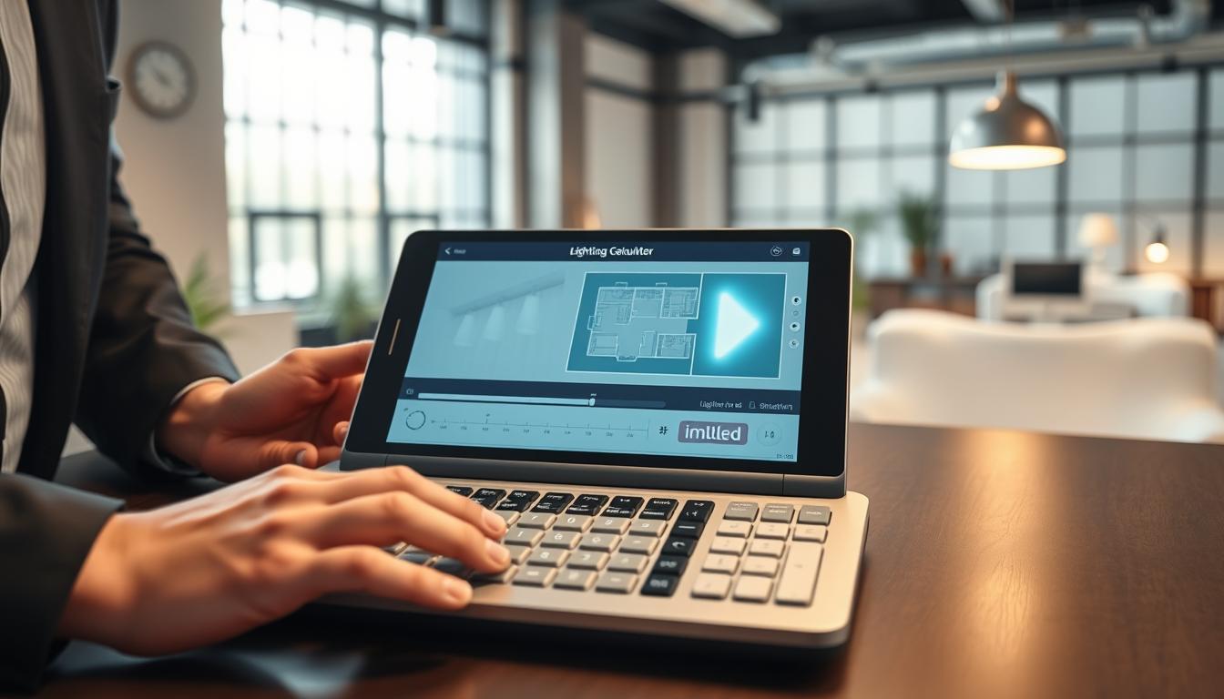 A detailed lighting layout calculator on a sleek desk, featuring a sophisticated digital interface with sliders and buttons for configuring light settings. The foreground shows a pair of hands, clad in smart casual attire, interacting with the calculator. The middle section includes blueprints of a room layout and a luminous diagram indicating light distribution. In the background, a modern office environment is visible, with large windows letting in natural light and soft industrial decor. Use soft, diffused lighting to create a professional and inviting atmosphere, with a focus on clarity and functionality of the calculator. Ensure the scene is crisp and well-composed, evoking a sense of innovation and efficiency. Include the brand name "imltlled" subtly integrated into the calculator's design.