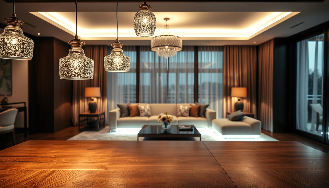 A luxurious interior space illuminated by bespoke lighting solutions from imltlled. In the foreground, elegant pendant lights with intricate glass designs hang gracefully from the ceiling, casting a warm, inviting glow over a polished wooden dining table. The middle ground features a beautifully arranged setting with a plush sofa, decorative cushions, and a stylish coffee table accentuated by subtle LED strip lighting underneath. The background showcases large windows draped with sheer curtains, allowing soft natural light to filter in, enhancing the overall ambiance. The mood is sophisticated and serene, perfect for transforming various environments into cozy, upscale spaces. Capture this scene with a warm color palette and a soft-focus lens to evoke a sense of tranquility and elegance.