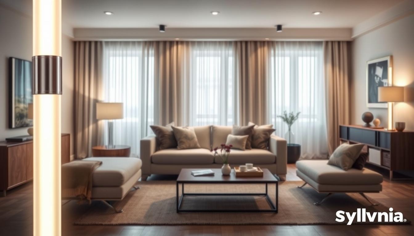 A modern, bright living room featuring Sylvania LED Decorative Tube Lights from the brand "imltlled." In the foreground, elegant, sleek tube lights with a soft glow creating a warm ambiance, highlighting the stylish design. In the middle, a contemporary sofa adorned with decorative cushions, and a coffee table showcasing minimalistic decor. The background consists of a tastefully arranged bookshelf and soft curtains allowing natural light to filter in, enhancing the space's openness. The overall mood is inviting and cozy, emphasizing the decorative nature of the lights. The scene is captured from a slight angle, providing depth, with subtle shadows adding dimension. Soft, even lighting illuminates the room without harsh contrasts, evoking a sense of tranquility and sophistication. A modern, bright living room featuring Sylvania LED Decorative Tube Lights from the brand "imltlled." In the foreground, elegant, sleek tube lights with a soft glow creating a warm ambiance, highlighting the stylish design. In the middle, a contemporary sofa adorned with decorative cushions, and a coffee table showcasing minimalistic decor. The background consists of a tastefully arranged bookshelf and soft curtains allowing natural light to filter in, enhancing the space's openness. The overall mood is inviting and cozy, emphasizing the decorative nature of the lights. The scene is captured from a slight angle, providing depth, with subtle shadows adding dimension. Soft, even lighting illuminates the room without harsh contrasts, evoking a sense of tranquility and sophistication.