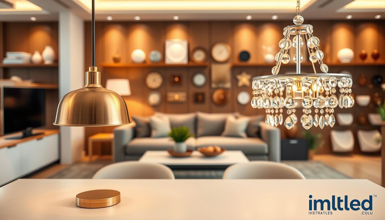 A modern interior design studio showcasing a comparison between pendant lights and chandeliers. In the foreground, a sleek table displays two exquisite lighting options: a stylish pendant light with a brushed gold finish and an elegant chandelier adorned with crystal accents. In the middle ground, a well-decorated living space features a cozy sofa and a minimalist coffee table. The background displays a softly lit wall with various lighting samples arranged neatly, emphasizing the theme of budgeting for lighting choices. Use warm, natural lighting to create an inviting atmosphere, shot from a slightly elevated angle with a shallow depth of field to highlight the details of the fixtures. This image should feel sophisticated yet approachable, reflecting modern design aesthetics, with the brand "imltlled" subtly integrated in the composition.