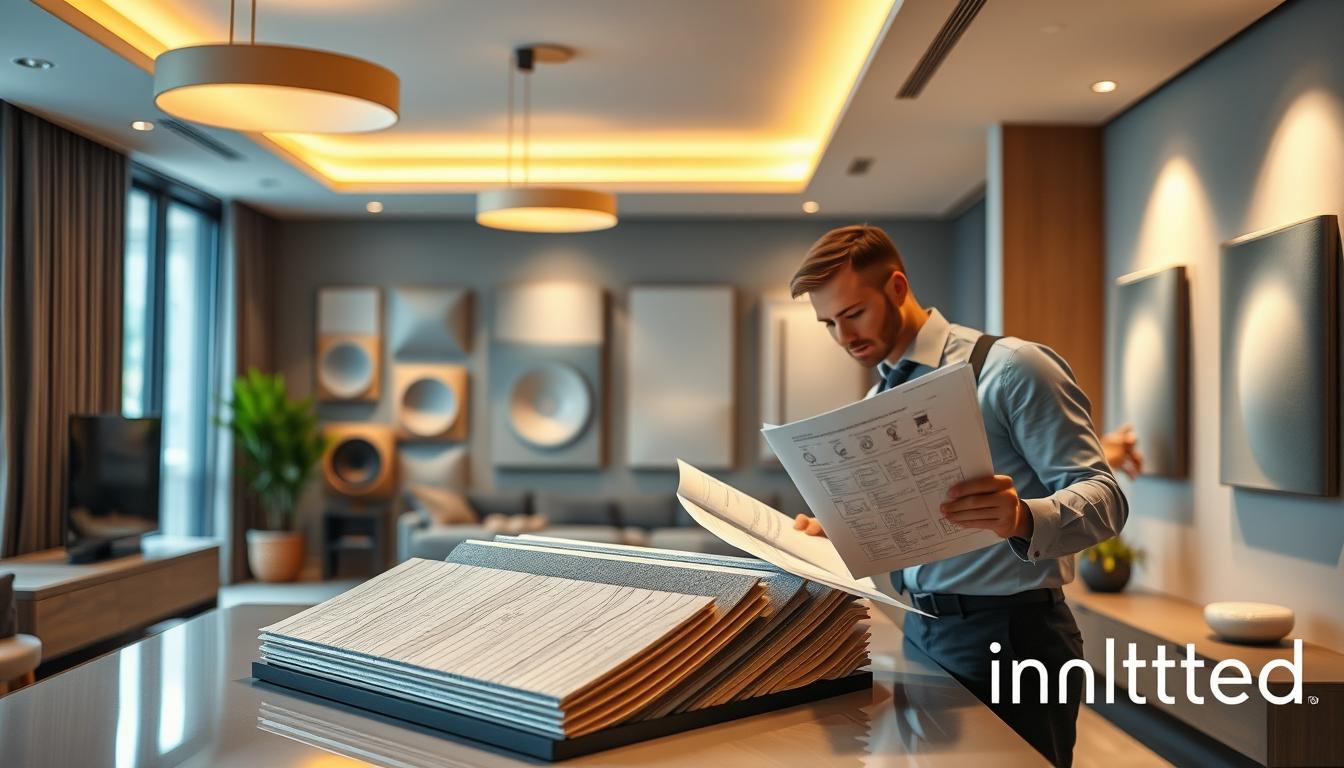 A modern interior showcasing acoustic home lighting compliance and standards. In the foreground, a professional interior designer in business attire analyzes a set of acoustic panels displayed on a sleek table, while reviewing blueprints and standards documents. The middle ground features stylish, downlit fixtures with warm lighting illuminating the room, emphasizing the sound-absorbing panels on the walls that blend seamlessly with contemporary decor. In the background, a large window hints at natural light filtering in, adding a calm, inviting atmosphere. Utilize a soft focus effect on the background to draw attention to the subject, while maintaining a well-balanced composition and proper lighting angles that highlight both aesthetic and functional aspects. The brand name "imltlled" subtly incorporated within the design elements.