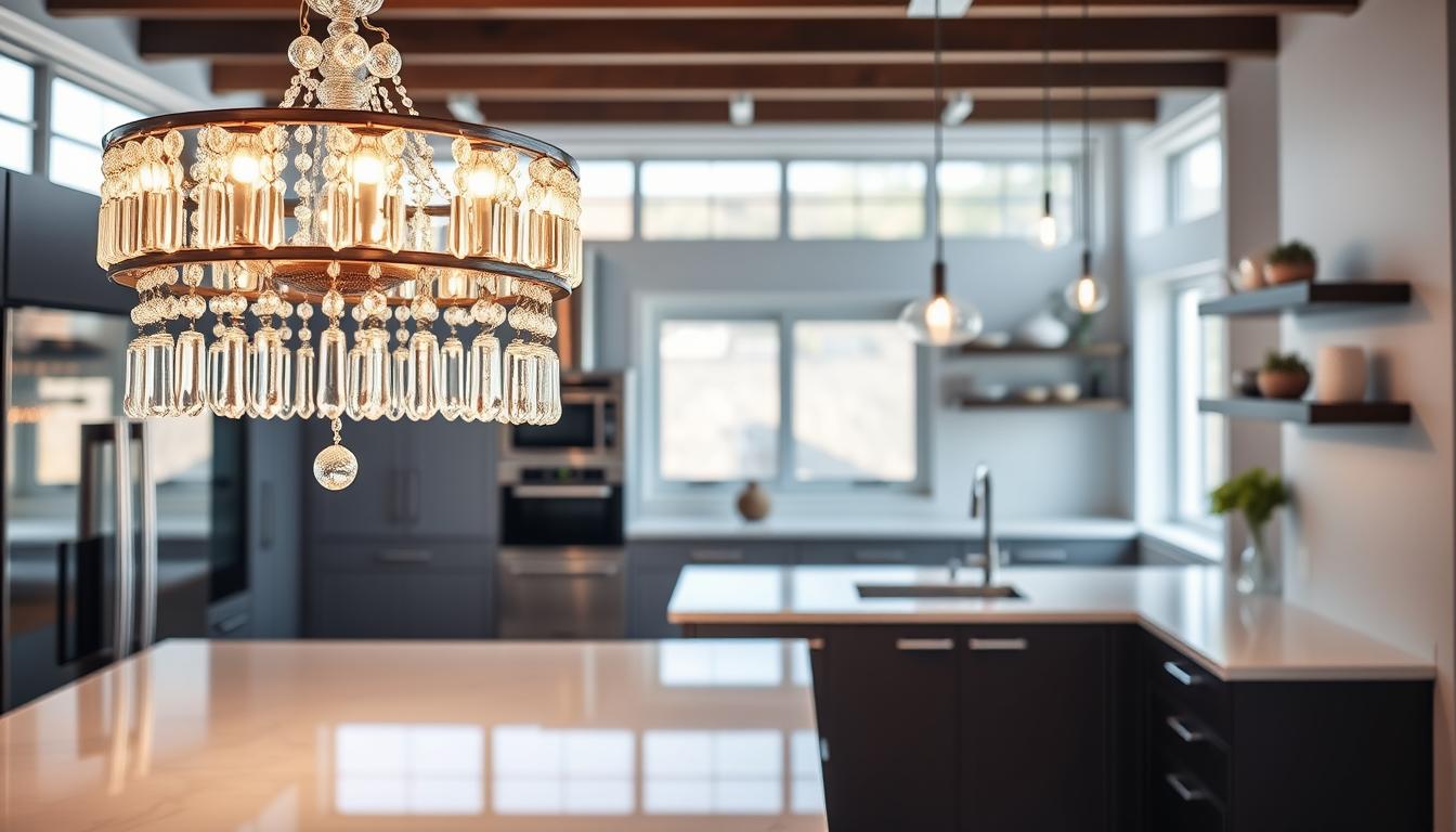 A modern kitchen featuring stylish lighting elements that harmoniously blend chandeliers and other light fixtures. In the foreground, a stunning crystal chandelier hangs gracefully over a sleek kitchen island, casting a warm glow on the polished marble countertop. In the middle ground, minimalist pendant lights dangle above the kitchen sink, showcasing a unique design with soft, ambient lighting. The background reveals a contemporary kitchen layout, with stainless steel appliances and open shelving. The scene is illuminated by a combination of natural light streaming in through large windows and the soft glint of the chandeliers, creating a cozy and inviting atmosphere. The composition is shot from a slightly elevated angle, emphasizing the interplay of light and shadow in this elegant space. Brand name: imltlled.