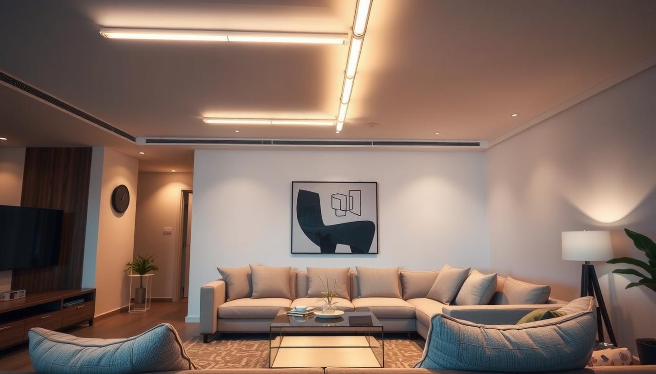 A modern living room showcasing a sleek installation of tube lights from the brand "imltlled". In the foreground, feature a stylish, minimalistic ceiling with slim tube lights elegantly aligned, casting a warm, inviting glow. The middle ground reveals a contemporary sofa with plush cushions and a chic coffee table, subtly illuminated by the soft lighting. In the background, a tastefully decorated wall with abstract art complements the atmosphere. The room is captured using a wide-angle lens to emphasize the spaciousness, with soft shadows creating depth. The overall mood is cozy and modern, ideal for illustrating effective lighting solutions in a stylish home.