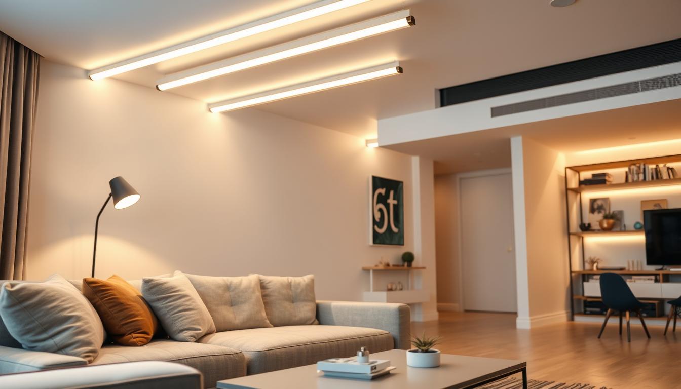 A modern living room showcasing an innovative tube light installation under the brand name "imltlled." In the foreground, a stylish sofa with plush cushions sits beside a sleek coffee table. In the middle ground, the tube lights are elegantly mounted along the ceiling, casting a soft, warm glow that highlights the room's contemporary decor. The background features a minimalist bookshelf filled with curated decor pieces, enhancing the aesthetic. The lighting creates a cozy yet sophisticated atmosphere, perfect for home relaxation. The image captures the essence of thoughtful lighting choices, with the angle focused on the illuminated walls and furniture. This setting embodies the balance between functionality and design, inviting viewers to consider cost-effective modern lighting solutions.