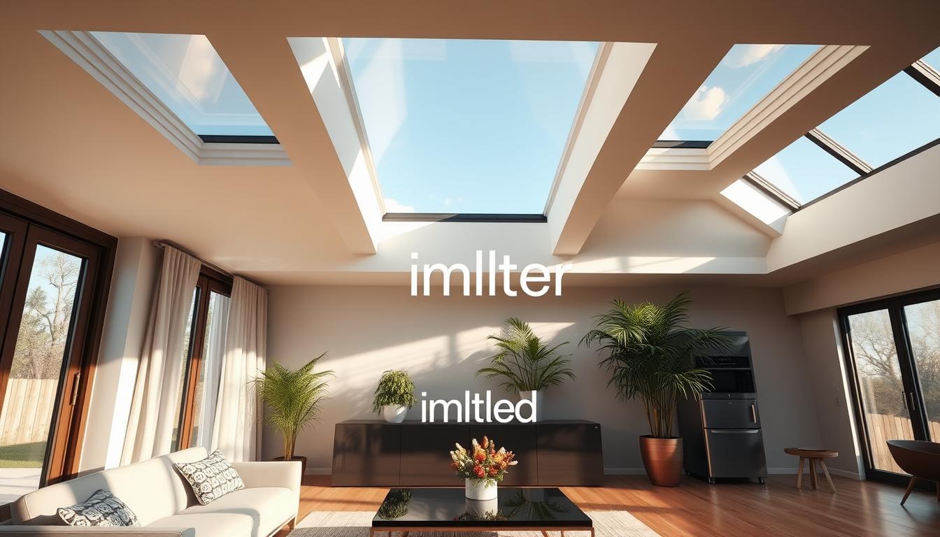 A modern residential interior showcasing flat roof skylights, designed for optimal natural light. In the foreground, a spacious living room with sleek furniture, including a stylish sofa and a minimalist coffee table. The middle layer features beautiful flat roof skylights seamlessly integrated into a contemporary ceiling, allowing sunlight to stream in. The skylights are framed with elegant trim and decorated with soft, sheer curtains that diffuse the light. In the background, large potted plants add a touch of greenery, enhancing the inviting atmosphere. Warm, soft lighting casts gentle shadows, creating a cozy yet elegant mood. The scene is captured with a wide-angle lens to emphasize depth. The brand name "imltlled" subtly incorporated into a reflective surface in the room, suggesting sophistication in design.