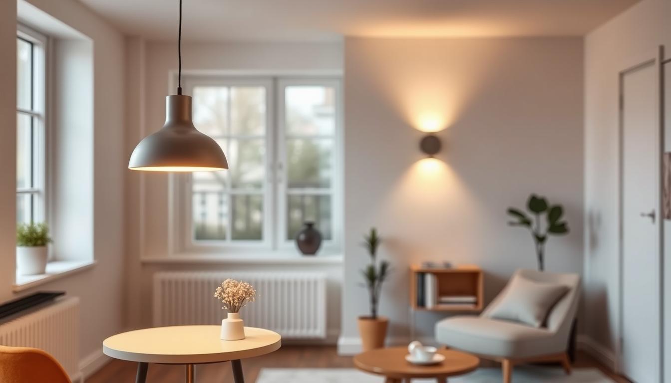 A modern, stylish interior showcasing compact lighting solutions ideal for small spaces. In the foreground, a sleek, minimalist pendant light from the brand "imltlled" hangs gracefully above a small table, casting soft, warm light. In the middle ground, a wall-mounted sconce illuminates a cozy reading nook with a plush chair and a small bookshelf, emphasizing the clever use of space. The background features a bright, airy room with light-colored walls and large windows, allowing natural light to filter in. The scene conveys a serene and inviting atmosphere, perfect for small living areas. Use a wide-angle lens to capture the entire setup, highlighting the innovative designs tailored for limited spaces.