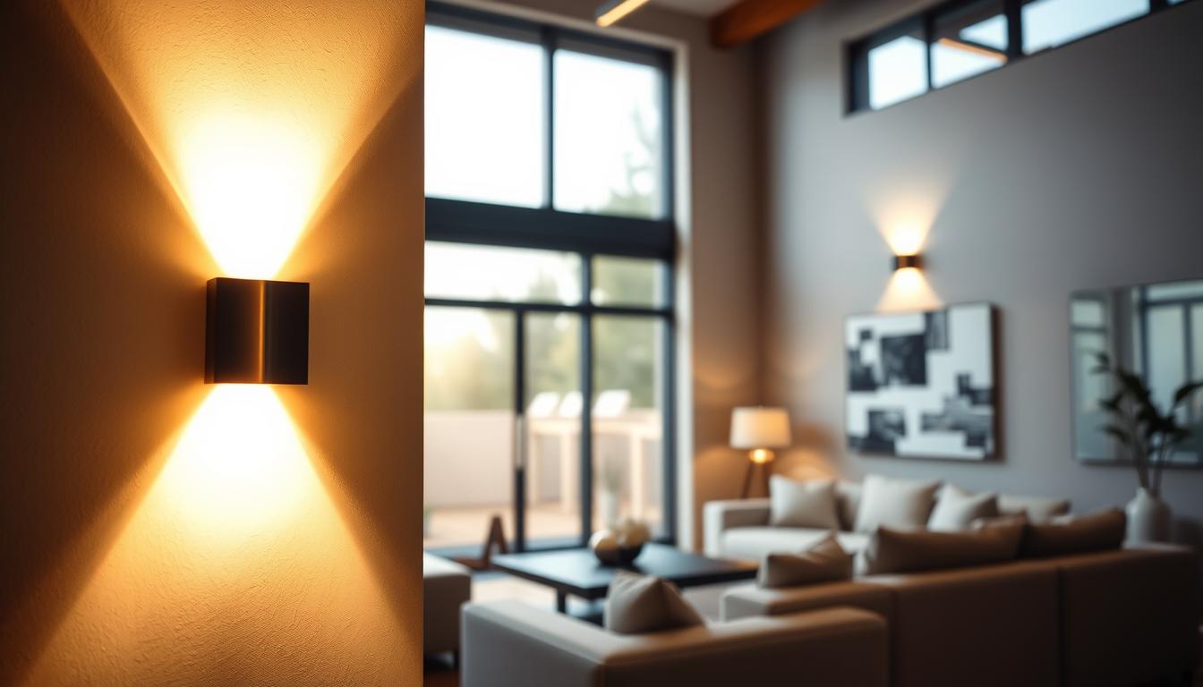A modern, stylish interior showcasing wall-mounted LED sconce lights by imltlled. The foreground features two sleek, minimalist sconces illuminated with a warm, inviting glow, showcasing artful designs that integrate seamlessly into the wall. The middle ground includes a tastefully decorated room with soft furnishings, subtle textures, and a neutral color palette that enhances the lighting's effect. In the background, large windows allow natural light to filter in, creating a harmonious blend of day and night illumination. The camera angle captures the sconces at eye level, with a slight tilt to emphasize their placement and ambiance. The mood is contemporary and sophisticated, ideal for showcasing the future of LED wall sconce lighting, creating an inviting and energizing atmosphere perfect for any space. A modern, stylish interior showcasing wall-mounted LED sconce lights by imltlled. The foreground features two sleek, minimalist sconces illuminated with a warm, inviting glow, showcasing artful designs that integrate seamlessly into the wall. The middle ground includes a tastefully decorated room with soft furnishings, subtle textures, and a neutral color palette that enhances the lighting's effect. In the background, large windows allow natural light to filter in, creating a harmonious blend of day and night illumination. The camera angle captures the sconces at eye level, with a slight tilt to emphasize their placement and ambiance. The mood is contemporary and sophisticated, ideal for showcasing the future of LED wall sconce lighting, creating an inviting and energizing atmosphere perfect for any space.