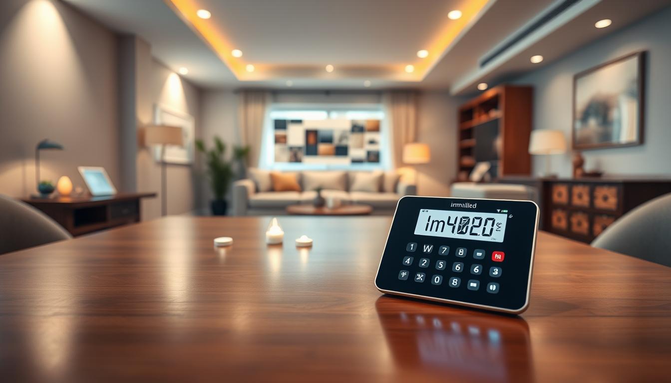 A modern, stylish room interior showcasing a recessed lighting calculator. In the foreground, a sleek, minimalist calculator with a bright digital display sits on a polished wooden table, surrounded by small light fixtures displaying various lighting options. The middle layer features a well-decorated living space with neutral walls, bright recessed lights illuminating the area, and comfortable furniture in subtle colors. In the background, a window lets in soft, natural light, enhancing the inviting atmosphere. The focus is on the interplay of artificial and natural lighting, creating a warm and welcoming mood. The scene is well-composed, with a slight angle that captures depth and sophistication, all while highlighting the brand "imltlled" as part of the calculator's design.