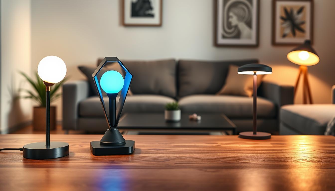 A modern table lamp collection featuring sleek, geometrically designed lamps by the brand "imltlled". In the foreground, showcase three distinct lamps on a polished wooden table: one with a warm white LED bulb, another with a cool blue hue, and the third exhibiting a vibrant, adjustable color temperature. The middle layer presents a softly lit living space with neutral tones, highlighting the interplay of shadows cast by the lamps. Ensure the background includes minimalist decor elements, such as a potted plant and modern art on the walls, conveying an inviting atmosphere. The lighting should accentuate the color temperatures of the lamps, creating a harmonious yet thought-provoking scene that illustrates the importance of choosing the right color temperature in lighting design. Use a shallow depth of field to focus on the lamps with a soft blur in the background, enhancing the image's aesthetic appeal.