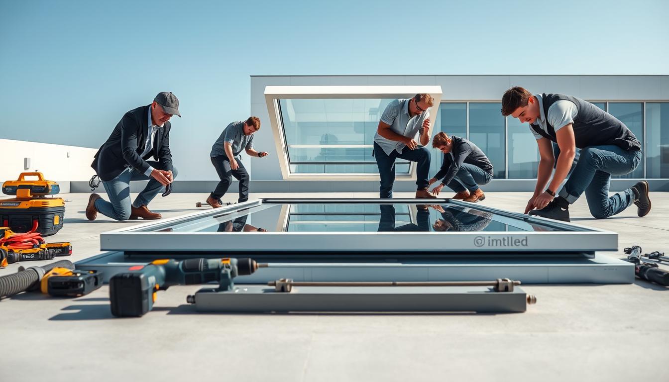 A professional, modern installation process of flat roof lights, showcasing a team of workers in smart, casual clothing assembling rooflights on a sleek, flat surface. In the foreground, tools like drills and cutting equipment are organized neatly alongside the rooflight components. The middle ground features the workers carefully positioning a large, elegant flat rooflight, capturing the focus and collaboration of the installation. The background includes a clear blue sky and the outline of a contemporary building, highlighting the architectural context. The scene is well-lit, with natural sunlight casting soft shadows, creating an inviting and productive atmosphere. The image should evoke a sense of professionalism and precision, branded with "imltlled" subtly incorporated into the equipment designs.