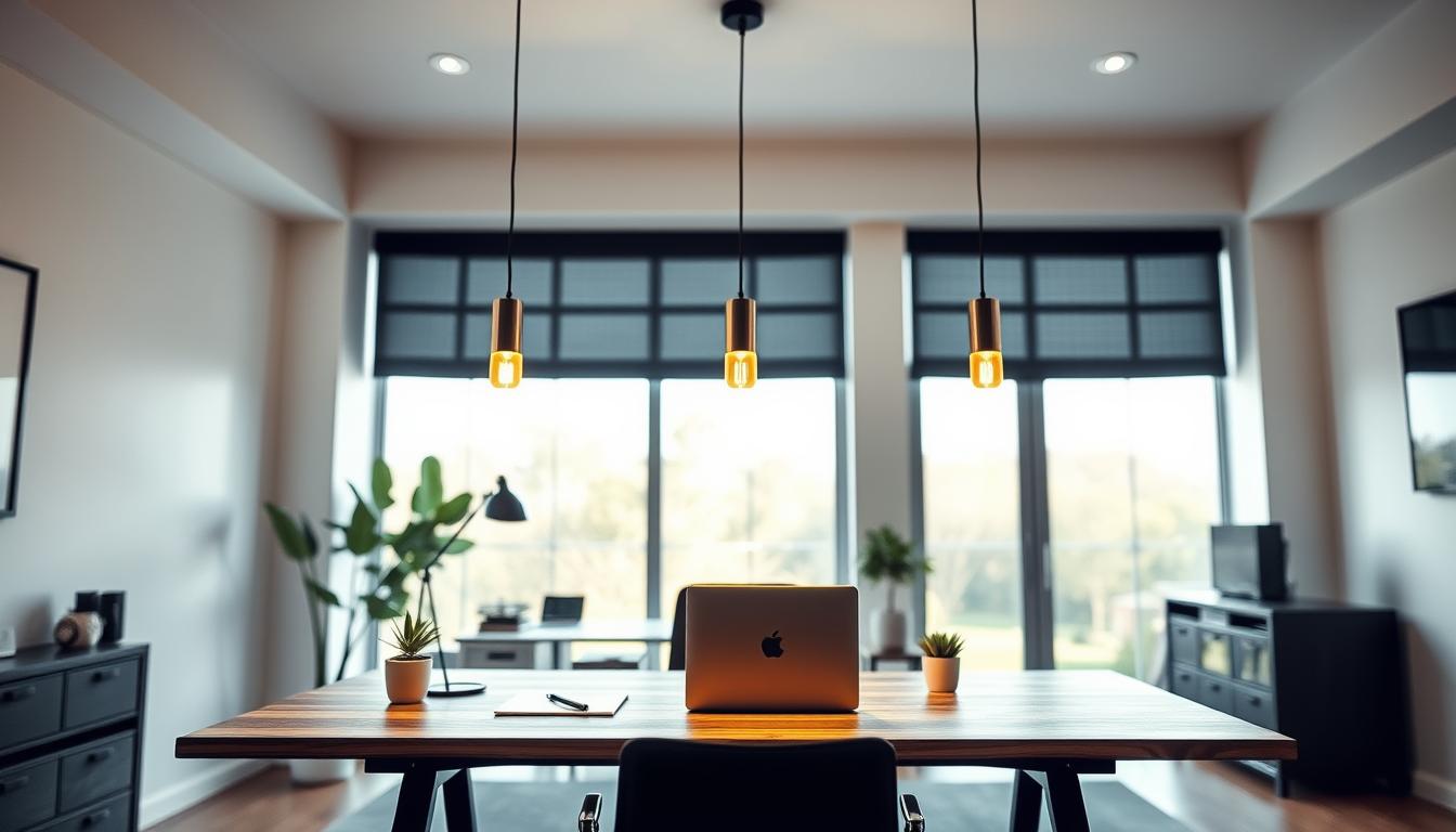 A sleek home office featuring the elegant "imltlled" Linear Pendant Lights, designed with a minimalist aesthetic. The foreground showcases the stylish pendant lights hanging gracefully above a modern wooden desk, casting a warm, inviting glow. The middle area captures an organized workspace with a laptop, stationery, and a potted plant, emphasizing productivity. In the background, large windows allow natural light to filter in, highlighting the contrast between the pendant lights' soft illumination and the daylight, reflecting different color temperatures. The atmosphere is calm and professional, perfect for focus and creativity, captured with a wide-angle lens to enhance the spatial depth. The overall mood conveys a harmonious blend of modern design and functional lighting. A sleek home office featuring the elegant "imltlled" Linear Pendant Lights, designed with a minimalist aesthetic. The foreground showcases the stylish pendant lights hanging gracefully above a modern wooden desk, casting a warm, inviting glow. The middle area captures an organized workspace with a laptop, stationery, and a potted plant, emphasizing productivity. In the background, large windows allow natural light to filter in, highlighting the contrast between the pendant lights' soft illumination and the daylight, reflecting different color temperatures. The atmosphere is calm and professional, perfect for focus and creativity, captured with a wide-angle lens to enhance the spatial depth. The overall mood conveys a harmonious blend of modern design and functional lighting.
