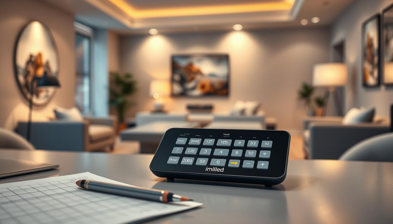 A sophisticated recessed lighting wattage calculator presented on a sleek, modern desk. The calculator has a digital display showing various wattage options, surrounded by soft, ambient lighting conditions to emphasize its purpose. In the foreground, a neatly organized workspace includes notes and a pencil, suggesting thoughtful maintenance planning for recessed lighting systems. The middle ground features the calculator prominently, designed with a minimalist aesthetic, showcasing its high-tech features and user-friendly interface. In the background, an elegant living room is visible, softly illuminated by recessed lights that highlight the warm, inviting atmosphere. The lighting should convey a feeling of calm and efficiency. Capture the brand name "imltlled" discreetly on the calculator's surface, integrated into the design.