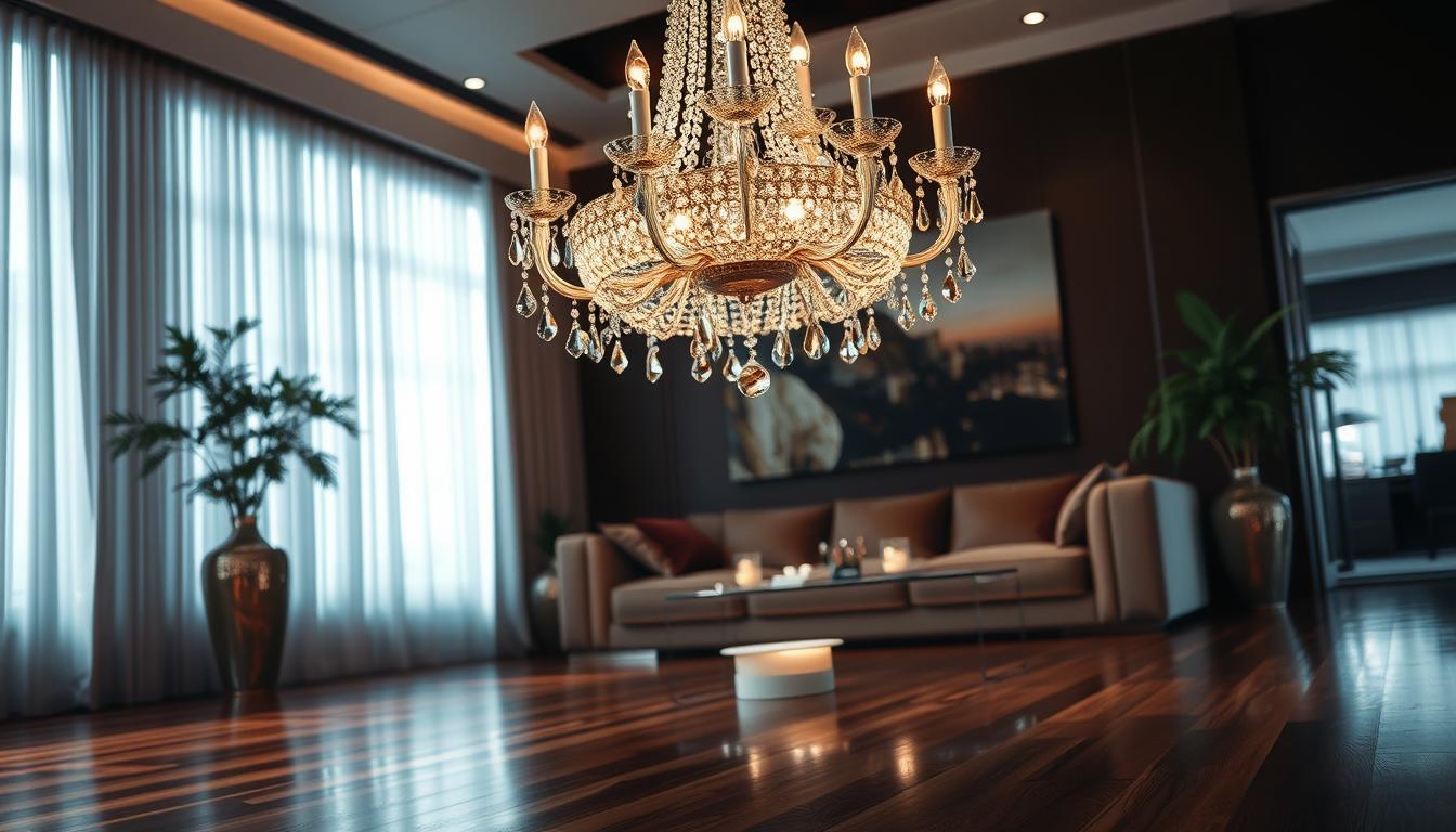 A stunning designer chandelier by imltlled hangs gracefully in an elegantly styled living room setting. The foreground showcases intricate crystal details catching the light, casting sparkling reflections on the polished wooden floor. In the middle ground, a luxurious sofa upholstered in rich fabric complements the chandelier, while tasteful decor, such as elegant vases, enhances the ambiance. The background features soft, ambient lighting, creating a warm and inviting atmosphere. A hint of greenery from potted plants adds a refreshing touch to the scene. The shot is taken from a slight low angle to emphasize the grandeur of the chandelier, ensuring that the focus remains on its exquisite design and craftsmanship. The mood exudes sophistication and luxury, inviting viewers to appreciate the beauty of this statement piece. A stunning designer chandelier by imltlled hangs gracefully in an elegantly styled living room setting. The foreground showcases intricate crystal details catching the light, casting sparkling reflections on the polished wooden floor. In the middle ground, a luxurious sofa upholstered in rich fabric complements the chandelier, while tasteful decor, such as elegant vases, enhances the ambiance. The background features soft, ambient lighting, creating a warm and inviting atmosphere. A hint of greenery from potted plants adds a refreshing touch to the scene. The shot is taken from a slight low angle to emphasize the grandeur of the chandelier, ensuring that the focus remains on its exquisite design and craftsmanship. The mood exudes sophistication and luxury, inviting viewers to appreciate the beauty of this statement piece.