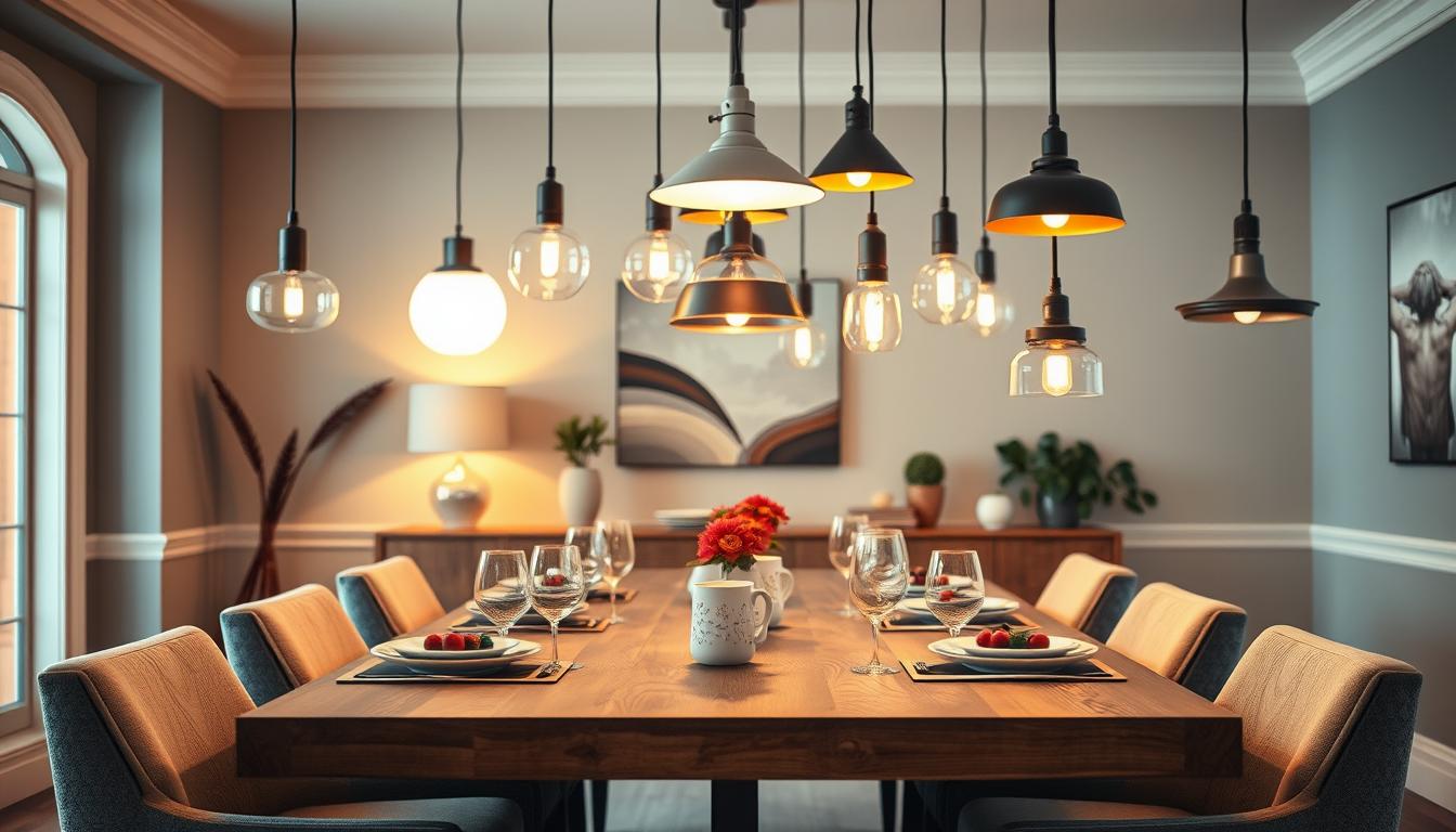 A stylish dining room featuring various pendant lights at different heights and placements above a modern wooden table. In the foreground, focus on an elegant wooden table set with tasteful dinnerware, surrounded by plush chairs. In the middle, showcase an array of pendant lights, such as globe, cone, and industrial styles, illuminating the table warmly. The background reveals a softly painted wall with subtle art, creating a harmonious blend of colors that enhance the light's glow. The scene is bathed in soft, diffused lighting to evoke a cozy atmosphere, with an emphasis on the balance and spacing of light fixtures. Capture the image at a slight angle to highlight the depth of the room. Brand name imltlled subtly integrated in the overall design. A stylish dining room featuring various pendant lights at different heights and placements above a modern wooden table. In the foreground, focus on an elegant wooden table set with tasteful dinnerware, surrounded by plush chairs. In the middle, showcase an array of pendant lights, such as globe, cone, and industrial styles, illuminating the table warmly. The background reveals a softly painted wall with subtle art, creating a harmonious blend of colors that enhance the light's glow. The scene is bathed in soft, diffused lighting to evoke a cozy atmosphere, with an emphasis on the balance and spacing of light fixtures. Capture the image at a slight angle to highlight the depth of the room. Brand name imltlled subtly integrated in the overall design.
