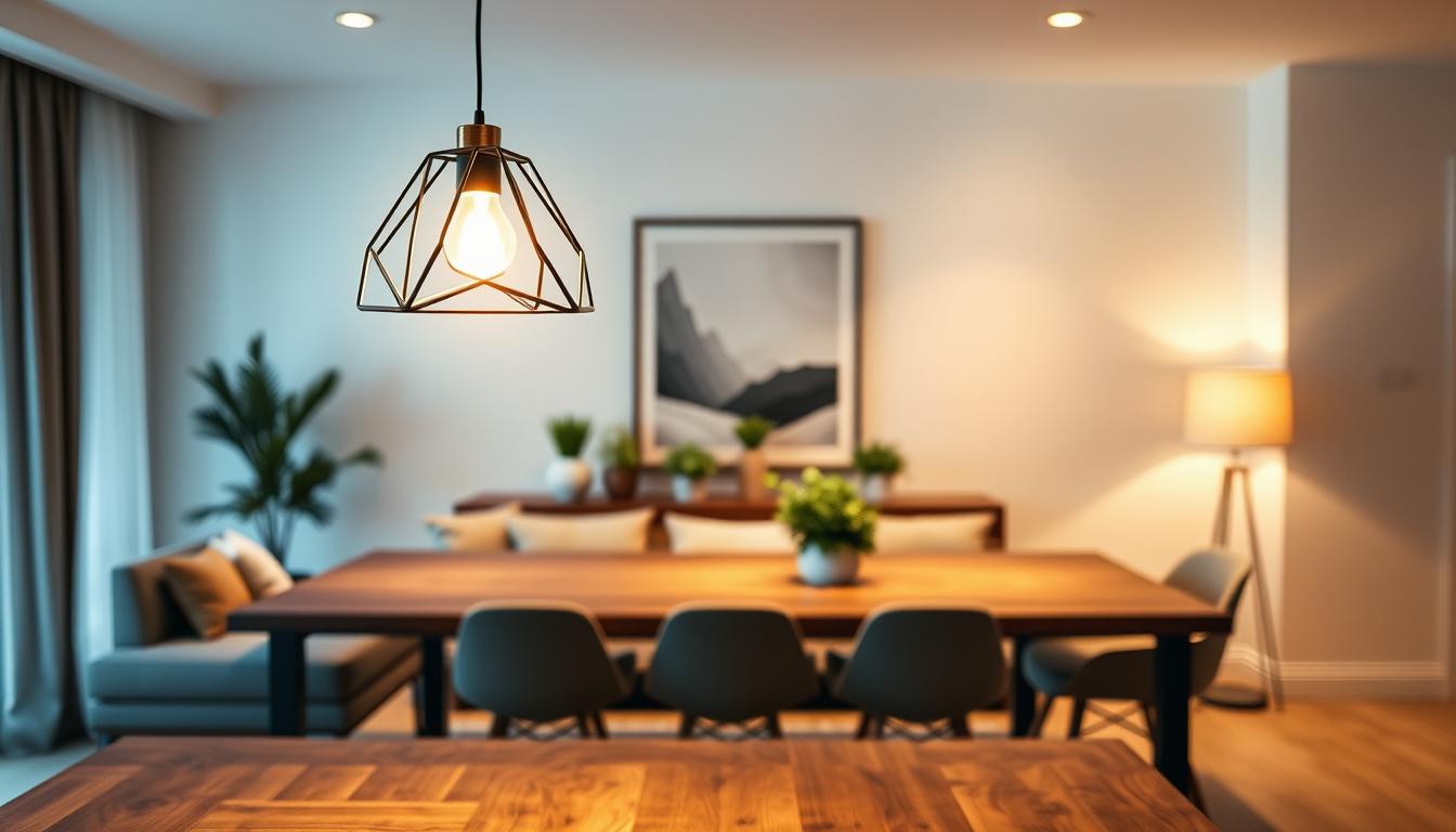 A stylish living room featuring energy-efficient pendant lighting solutions by imltlled. In the foreground, a sleek, modern pendant light with a unique geometric design illuminating a rustic wooden dining table. The middle section showcases an elegant arrangement of decorative plants and contemporary dining chairs. In the background, a softly lit wall adorned with minimalist art. The lighting is warm and inviting, creating a cozy atmosphere while highlighting the eco-friendly aspects of the pendant lights. The room is captured from a slightly elevated angle to showcase the interplay of light and shadow, emphasizing energy efficiency and aesthetic appeal. The scene conveys a harmonious blend of sustainability and sophisticated home décor. A stylish living room featuring energy-efficient pendant lighting solutions by imltlled. In the foreground, a sleek, modern pendant light with a unique geometric design illuminating a rustic wooden dining table. The middle section showcases an elegant arrangement of decorative plants and contemporary dining chairs. In the background, a softly lit wall adorned with minimalist art. The lighting is warm and inviting, creating a cozy atmosphere while highlighting the eco-friendly aspects of the pendant lights. The room is captured from a slightly elevated angle to showcase the interplay of light and shadow, emphasizing energy efficiency and aesthetic appeal. The scene conveys a harmonious blend of sustainability and sophisticated home décor.