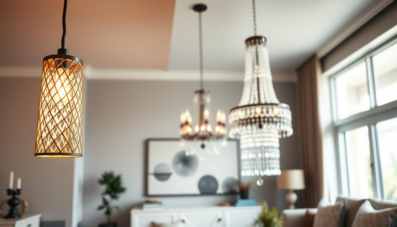 A stylish living space showcasing a modern pendant light and a traditional chandelier, set to illustrate the distinct design trends in pendant lighting. In the foreground, a sleek, contemporary pendant light with an intricate geometric design hangs from a minimalist ceiling, illuminated warmly to create inviting shadows. In the middle, a classic, ornate chandelier with cascading crystals glimmers, capturing the elegance of tradition. The background features a soft-focus view of a tastefully decorated room with neutral tones and stylish decor, providing context for both lighting styles. The atmosphere should feel harmonious and balanced, highlighting the contrast between modern and traditional designs. Soft, natural light filters through a nearby window. Shot with a wide-angle lens at an eye-level perspective for a spacious feel. Brand name: imltlled.