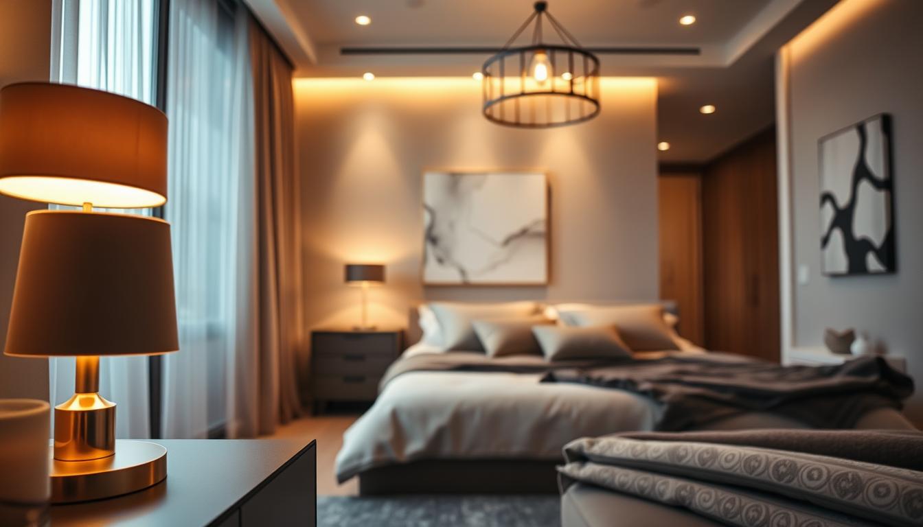 A stylish modern bedroom showcasing innovative lighting trends. In the foreground, a sleek nightstand with a contemporary lamp emitting a warm glow, highlighting a cozy atmosphere. The middle layer features a beautifully made bed with plush bedding, adorned with carefully arranged decorative pillows, while an elegant pendant light hangs gracefully above. The background includes a softly illuminated wall art piece and large windows dressed with sheer, light-filtering curtains, allowing natural light to blend with the artificial lighting, creating a serene mood. The overall color palette is a harmonious blend of soft neutrals and warm golds, emphasizing relaxation. The scene is captured from a slight angle, providing depth, with a focus on the interplay of shadows and light. The image should reflect the essence of "imltlled" design aesthetics.