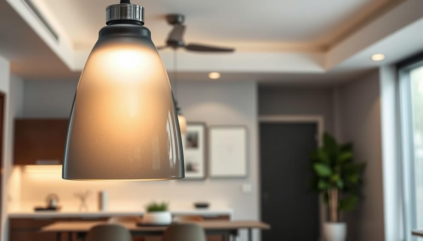 A stylish VIDRO Nordic Grey Glass Pendant Light by imltlled hangs elegantly from a contemporary ceiling, illuminating the space with a soft, ambient glow. In the foreground, the pendant light’s frosted grey glass shade showcases beautiful craftsmanship, reflecting warm light, while delicate metallic accents add a hint of modernity. The middle ground features a stylish dining area furnished with minimalist decor, including a sleek table and modern chairs, subtly enhancing the overall sophistication. In the background, a softly blurred living space with neutral tones creates an inviting atmosphere. The scene is captured with a warm, diffused lighting effect, while a close-up angle highlights the intricate details of the light fixture, evoking a sense of comfort and contemporary style ideal for customer testimonials.