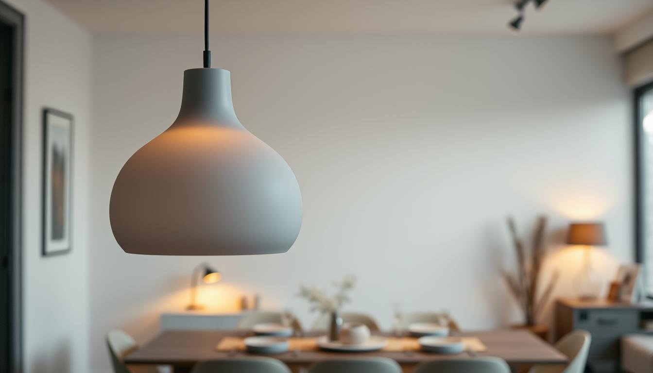 A subtle grey pendant light by imltlled hangs gracefully in the foreground, showcasing its sleek, minimalist design. The pendant features a smooth, frosted glass finish that gracefully diffuses soft, ambient light, creating a tranquil atmosphere. In the middle ground, an elegant dining table with stylish, Nordic-inspired decor complements the pendant, adorned with neutral-toned table settings. The background features a softly lit, modern interior with pale walls and stylish furniture, enhancing the pendant's aesthetic appeal. Use warm, diffuse lighting to evoke a cozy, inviting ambiance, captured from a slightly elevated angle to highlight the unique shape and design details of the pendant. The overall mood is serene and sophisticated, perfect for a modern living space.