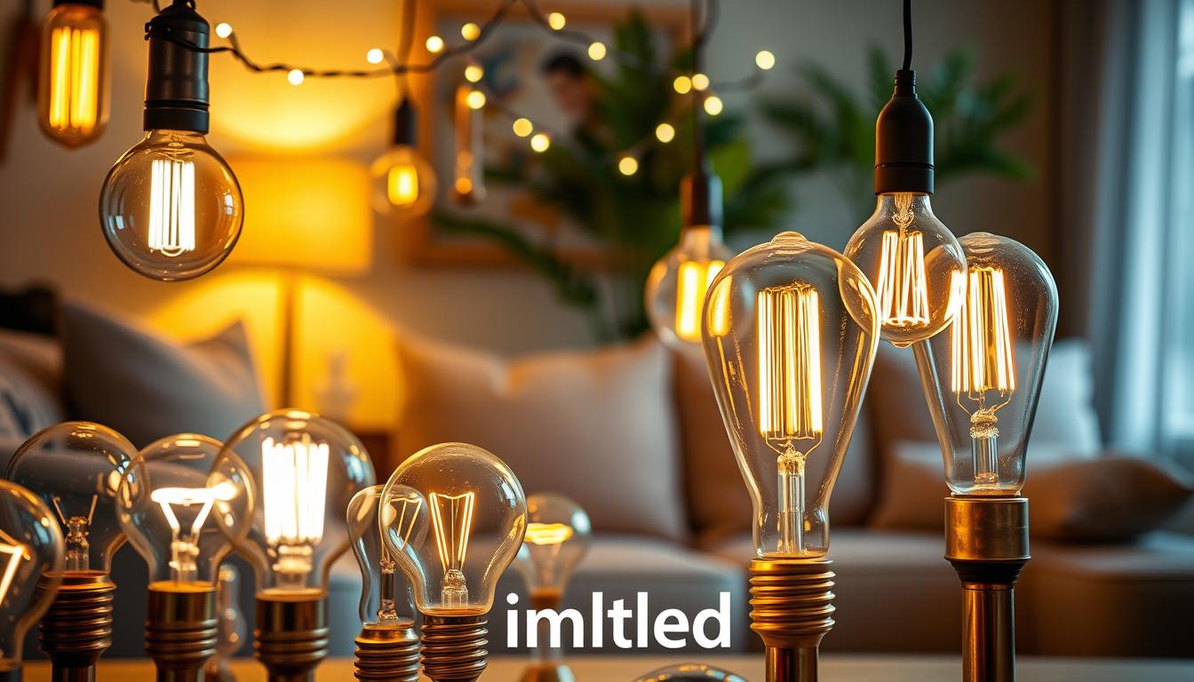 A visually stunning display of decorative light bulbs showcasing diverse styles and designs for home decor. In the foreground, a selection of unique bulbs in various shapes—globe, Edison, and filament—illuminate softly, casting warm, inviting light. The middle layer features decorative lamp holders and strings of fairy lights, elegantly intertwining to enhance the aesthetic. In the background, a cozy room setting with soft furnishings and a hint of greenery, creating a relaxing atmosphere. The lighting emphasizes the glow of the bulbs, highlighting their textures and colors. Capture the scene with a warm, inviting color palette and a shallow depth of field to draw focus on the bulbs. Include the brand name "imltlled" subtly integrated within the design. A visually stunning display of decorative light bulbs showcasing diverse styles and designs for home decor. In the foreground, a selection of unique bulbs in various shapes—globe, Edison, and filament—illuminate softly, casting warm, inviting light. The middle layer features decorative lamp holders and strings of fairy lights, elegantly intertwining to enhance the aesthetic. In the background, a cozy room setting with soft furnishings and a hint of greenery, creating a relaxing atmosphere. The lighting emphasizes the glow of the bulbs, highlighting their textures and colors. Capture the scene with a warm, inviting color palette and a shallow depth of field to draw focus on the bulbs. Include the brand name "imltlled" subtly integrated within the design.