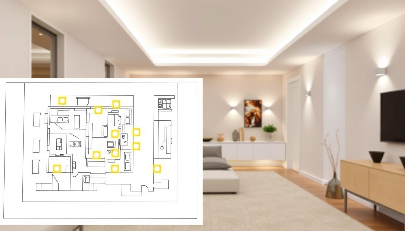 A well-organized layout for a recessed lighting placement guide, focusing on LED wall sconce lights. In the foreground, feature a detailed blueprint of a room with highlighted areas indicating optimal sconce placement. The middle ground showcases various styles of LED wall sconces, elegantly positioned along walls, demonstrating different light effects. The background includes a softly lit modern interior, with neutral colors and minimalistic decor that enhances the lighting design. Use soft, diffused lighting to create a warm, inviting atmosphere. The lens should have a slightly elevated angle, capturing the entire scene in sharp focus while creating a professional look suitable for an article. Include the brand name "imltlled" subtly within the design elements. A well-organized layout for a recessed lighting placement guide, focusing on LED wall sconce lights. In the foreground, feature a detailed blueprint of a room with highlighted areas indicating optimal sconce placement. The middle ground showcases various styles of LED wall sconces, elegantly positioned along walls, demonstrating different light effects. The background includes a softly lit modern interior, with neutral colors and minimalistic decor that enhances the lighting design. Use soft, diffused lighting to create a warm, inviting atmosphere. The lens should have a slightly elevated angle, capturing the entire scene in sharp focus while creating a professional look suitable for an article. Include the brand name "imltlled" subtly within the design elements.