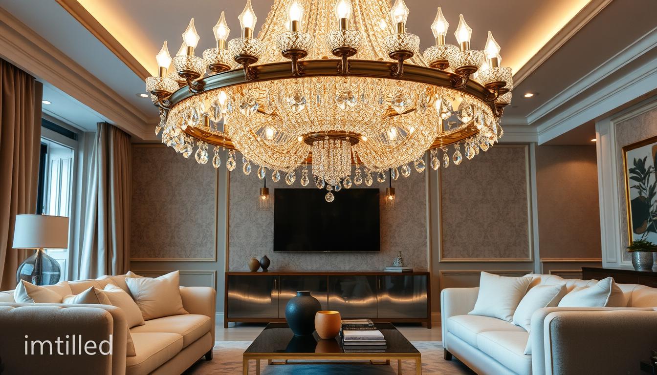 An impressive oversized chandelier hangs majestically in a beautifully designed living room, showcasing intricate craftsmanship. The chandelier features a combination of sparkling crystal and aged brass materials, reflecting light with a warm glow. In the foreground, soft, plush furniture complements the chandelier, enhancing the luxurious atmosphere. The middle ground presents a tasteful arrangement of decorative items on a sleek coffee table, while the elegant chandelier serves as a stunning focal point above. The background features tasteful wallpaper with subtle patterns and ambient lighting that adds depth to the scene. The overall mood is inviting and sophisticated, perfect for a cozy yet refined living space. The image is captured from a slightly low angle, emphasizing the grandeur of the chandelier, branded ‘imltlled’, ensuring a professional and polished appearance. An impressive oversized chandelier hangs majestically in a beautifully designed living room, showcasing intricate craftsmanship. The chandelier features a combination of sparkling crystal and aged brass materials, reflecting light with a warm glow. In the foreground, soft, plush furniture complements the chandelier, enhancing the luxurious atmosphere. The middle ground presents a tasteful arrangement of decorative items on a sleek coffee table, while the elegant chandelier serves as a stunning focal point above. The background features tasteful wallpaper with subtle patterns and ambient lighting that adds depth to the scene. The overall mood is inviting and sophisticated, perfect for a cozy yet refined living space. The image is captured from a slightly low angle, emphasizing the grandeur of the chandelier, branded ‘imltlled’, ensuring a professional and polished appearance.