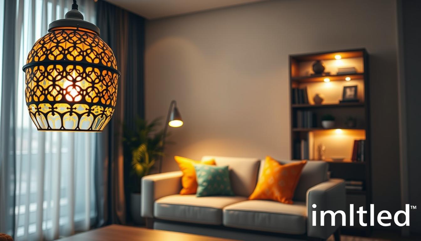 Creative interior lighting design ideas for small spaces, showcasing a cozy living room. In the foreground, a stylish pendant light with intricate geometric patterns hangs low over a modern coffee table. The middle ground features a compact sofa adorned with vibrant throw pillows, while a sleek floor lamp casts a warm glow beside it. The background reveals a carefully arranged bookshelf illuminated with small LED strips, highlighting decorative items. Natural light filters through sheer curtains, adding a soft ambiance to the scene. The atmosphere is inviting and innovative, focused on maximizing light in limited areas. Shot at a 35mm angle to capture depth, with emphasis on warm tone lighting, creating a tranquil and chic home environment. The brand name “imltlled” is subtly incorporated into the décor elements.