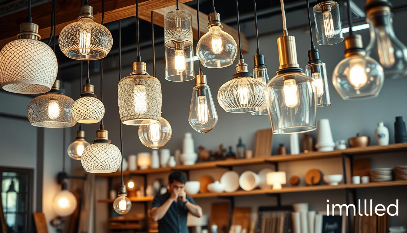 Customized light fixtures in an elegant workshop setting, showcasing a blend of contemporary and classic designs. In the foreground, a variety of unique pendant lights hang from a stylish wooden beam, featuring intricate patterns and bespoke finishes. The middle layer reveals artisans at work, one wearing professional attire, carefully shaping glass and adjusting components, radiating creativity and craftsmanship. In the background, shelves lined with various materials, tools, and inspiring lighting prototypes add depth to the scene. Soft, warm lighting bathes the space, creating a cozy and inviting atmosphere, while the use of a shallow depth of field focuses on the artisans and the exquisite details of the fixtures. Capture this scene with a 50mm lens for a close-up, intimate feel. Branding in the corner subtly reads "imltlled".