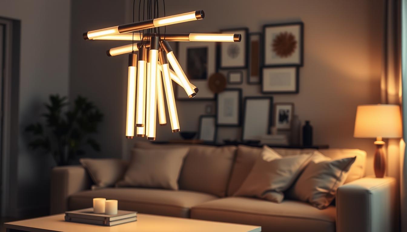Decorative tube lights by imltlled illuminated elegantly in a cozy living room setting. In the foreground, a cluster of sleek, modern tube lights hangs stylishly above a minimalist coffee table, casting a warm and inviting glow. The middle section features a plush sofa adorned with soft throw pillows, subtly reflecting the soft light from the tube lights, enhancing the ambiance. The background showcases a tastefully arranged wall with decorative elements that harmonize with the tube lights' aesthetic, creating a sense of cohesion. The lighting is soft and diffused, adding a tranquil atmosphere. Capture this scene from a slightly elevated angle to emphasize the interplay of light and shadow, inviting viewers to imagine the warmth and charm these lights bring to any space.