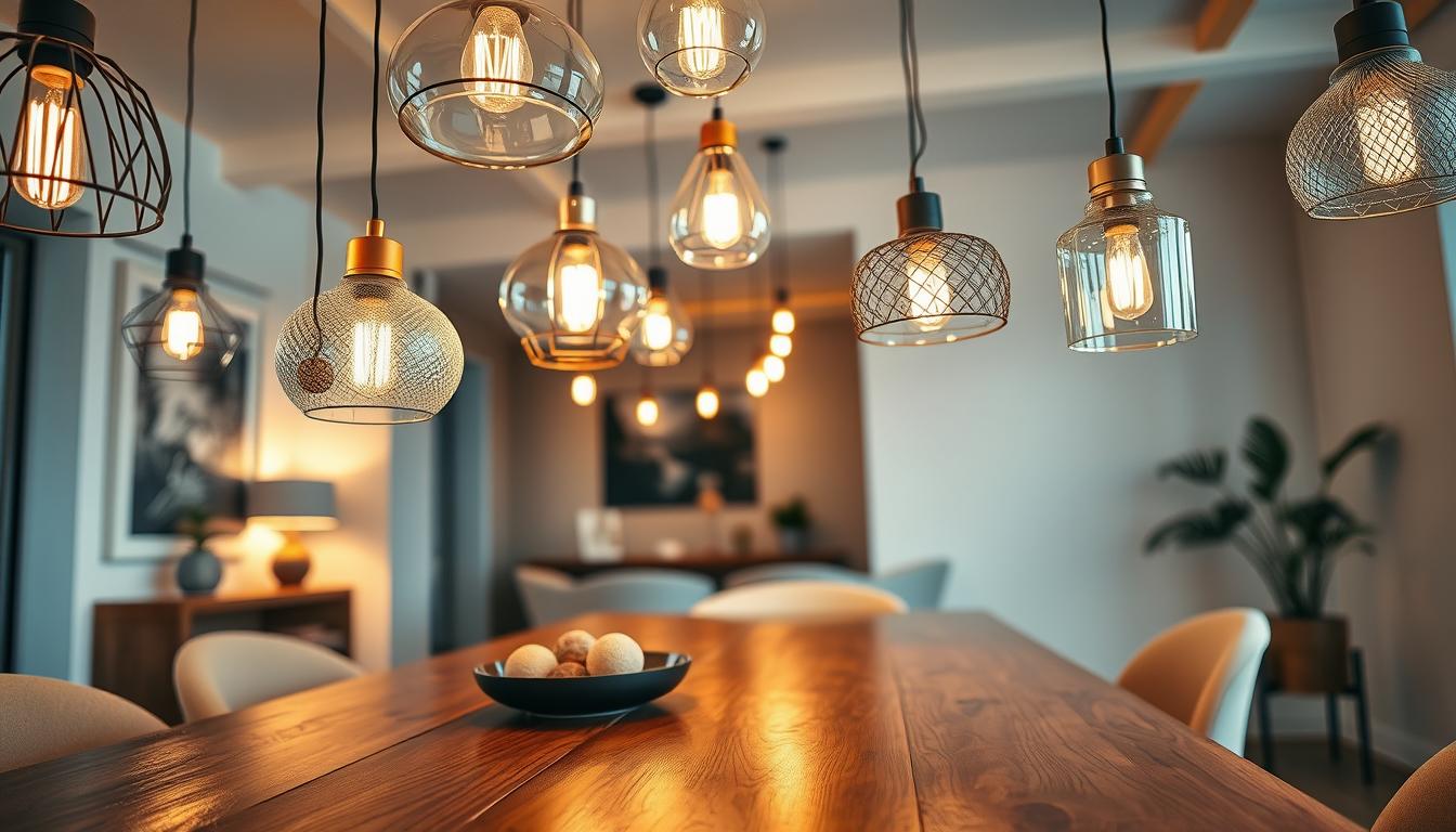 Elegant pendant lights hang gracefully from a modern ceiling, showcasing a mix of eclectic designs—some featuring geometric shapes, others with intricate glasswork. The foreground captures shimmering reflections of light across a polished wooden dining table, adorned with tasteful decor. In the middle ground, a spacious dining area is illuminated by these stylish fixtures, with softly glowing bulbs casting a warm, inviting ambiance. The background features a soft-focus view of minimalist walls, enhancing the contemporary setting. The scene is infused with a cozy yet sophisticated atmosphere, perfect for enhancing any decor style. Shot with a 50mm lens to emphasize the details, the lighting is warm, accentuating the textures of the materials. This is an image by imltlled.