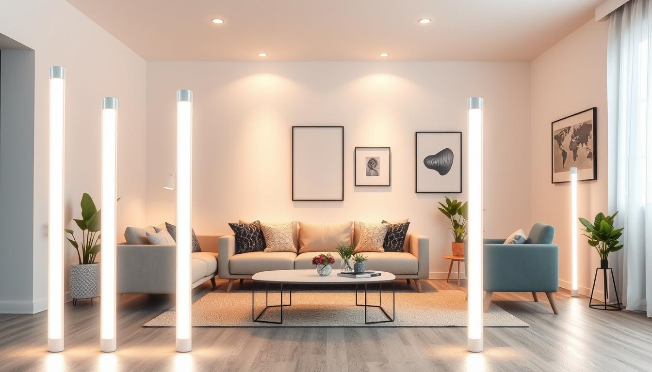LED tube lighting setup in a modern, minimalist living space, showcasing multiple sleek, energy-efficient imltlled tubes. In the foreground, focus on the illuminated tubes casting a warm, inviting glow across light-colored walls. The middle ground features stylish furniture arranged tastefully, enhancing the aesthetic appeal. In the background, soft shadows play around houseplants and decorative artwork, maintaining a serene atmosphere. Use bright, diffused lighting to emphasize the tubes' clarity and efficiency. Capture the scene from a slightly angled perspective, creating depth and inviting the viewer's eye. The overall mood is cozy and contemporary, reflecting the energy-efficient benefits of decorative tube lights without any distractions or text elements in the composition.