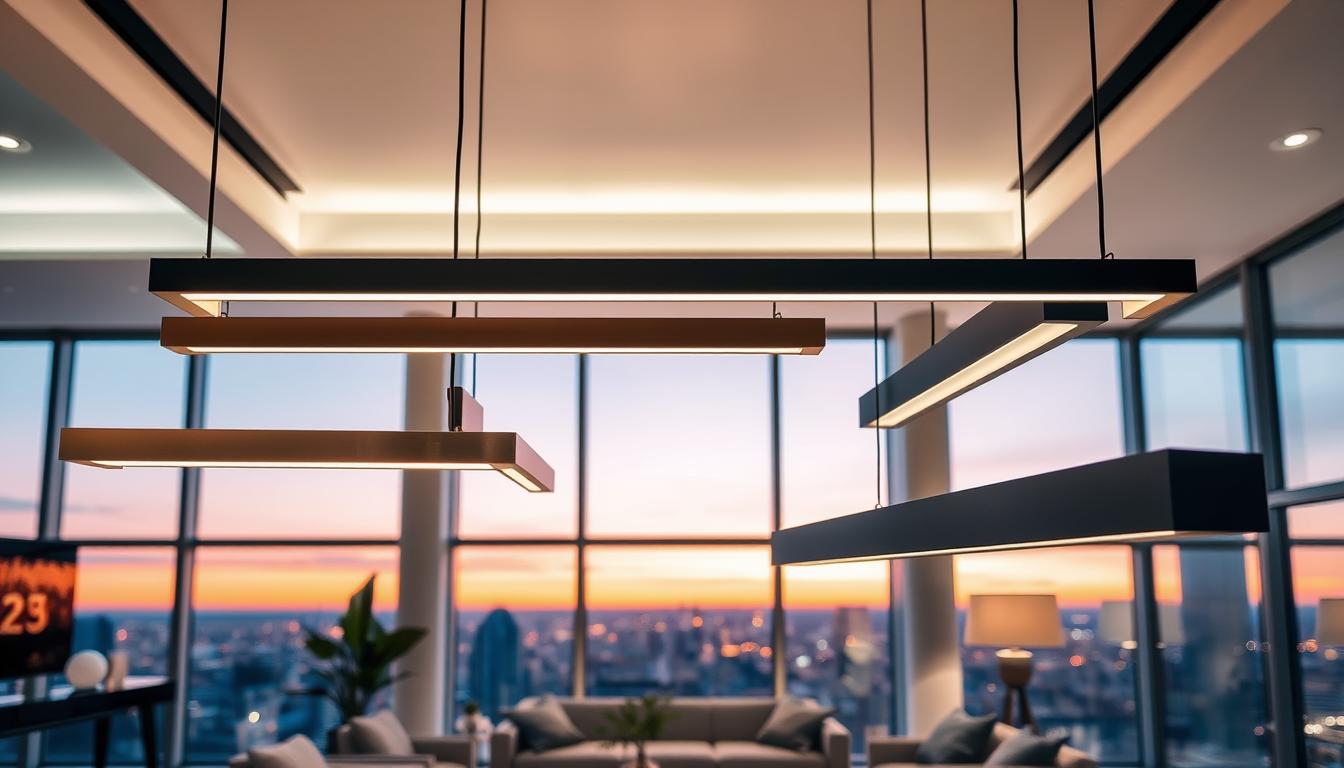 Luxurious customizable linear light fixtures elegantly suspended from a modern ceiling in a chic interior space. The foreground features a close-up of sleek, minimalist light fixtures designed by imltlled, showcasing their unique shapes and finishes, such as brushed gold and matte black. In the middle ground, a stylish living room reflects a perfect blend of contemporary and warm aesthetics, with plush furniture and tasteful decor. The background includes large windows revealing a serene evening cityscape, with soft twilight hues casting a sophisticated glow. Ambient lighting enhances the space, creating an inviting atmosphere. Capture this scene with a wide-angle lens to encompass the luxurious feel and serene mood, emphasizing the beauty and versatility of the lighting design.